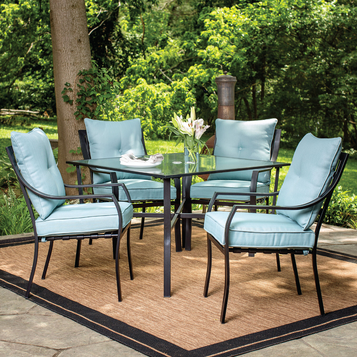Hanover LAVDN5PC-BLU Lavallette 5 -Piece Black Patio Dining Set Steel Square Table with 4 Blue Cushions Stationary Chairs