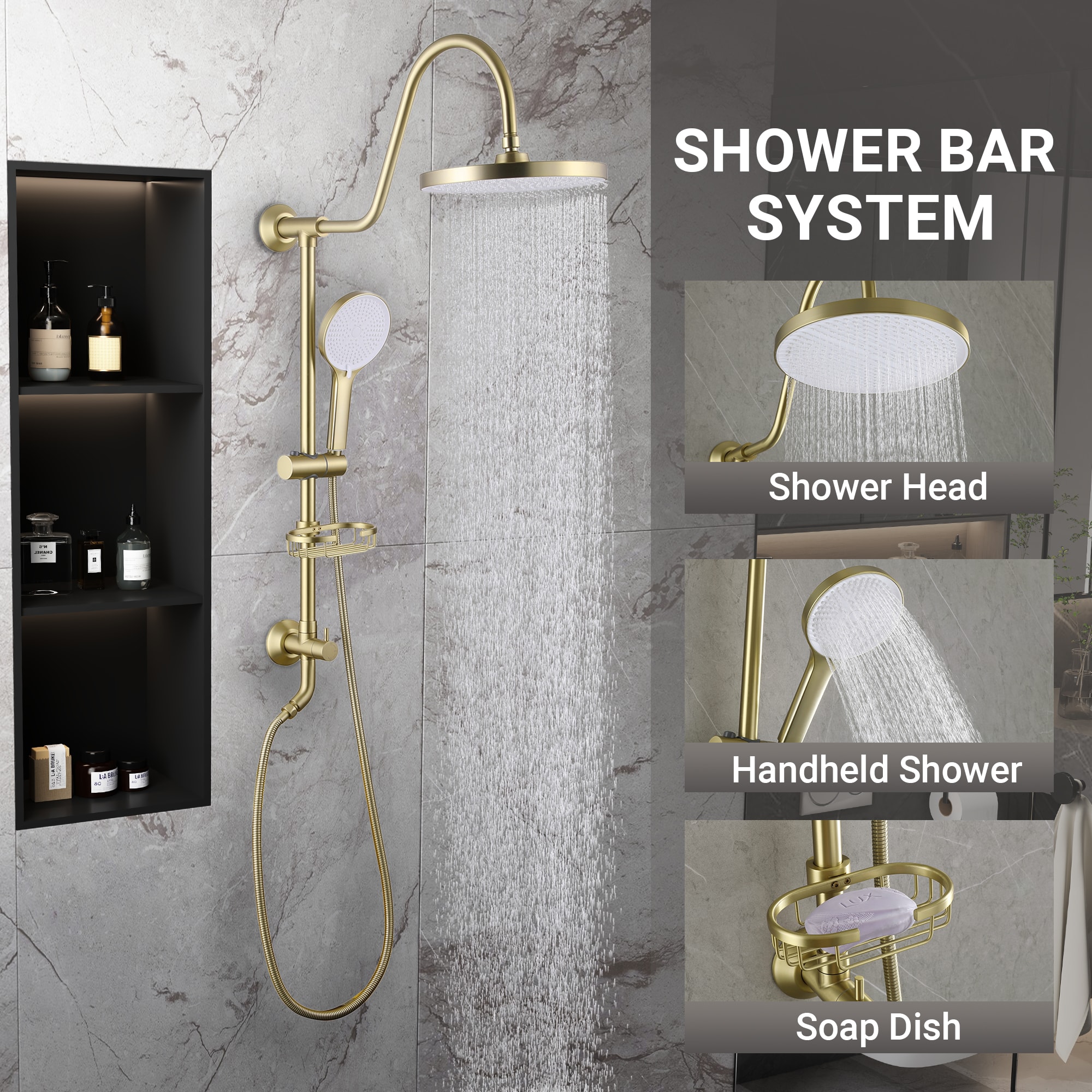 Mondawe MD-RB1221 Brushed Gold 10-in Shower Faucet Bar System with 2-way Diverter