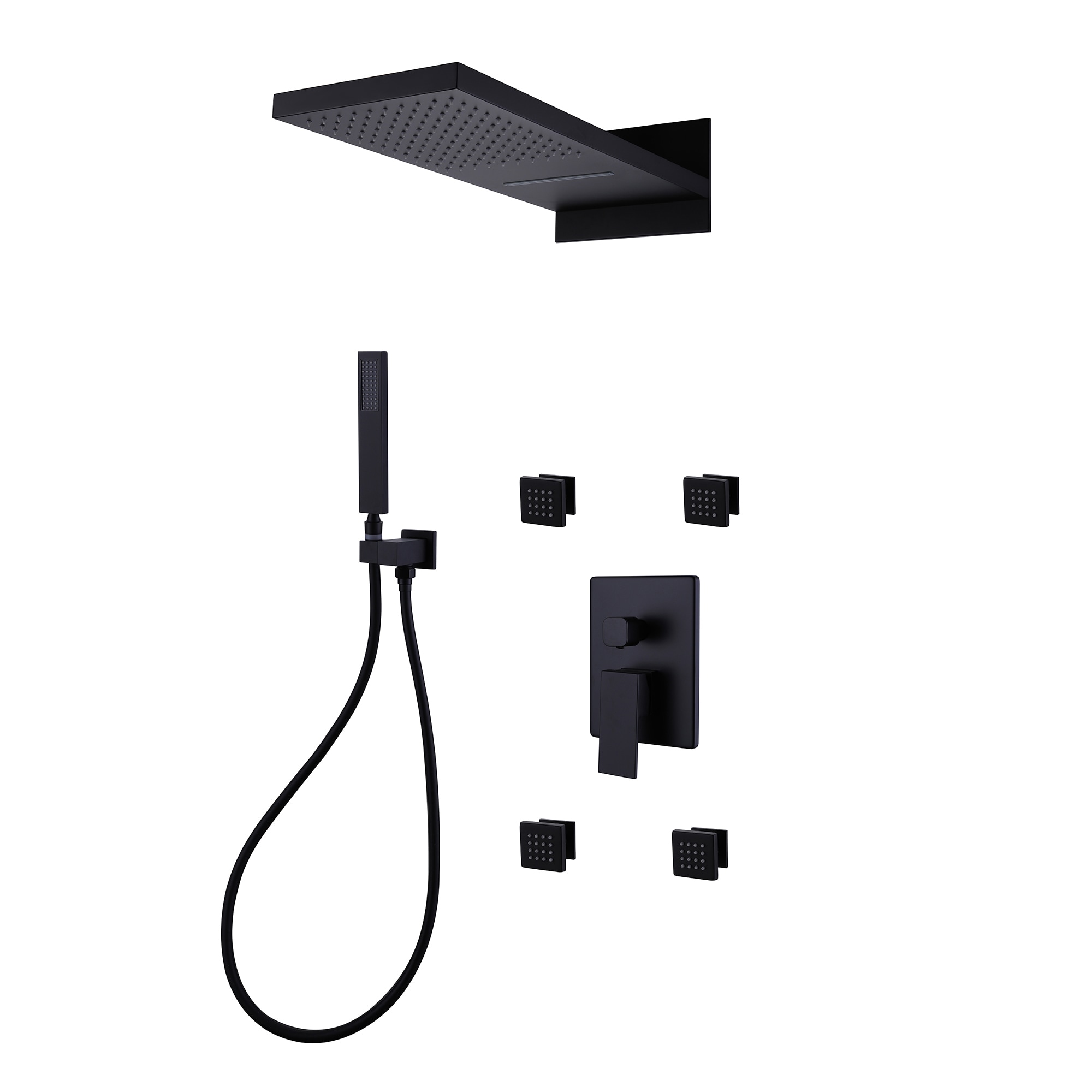 WELLFOR WB-0944 Matte black 10-in Dual Head Built-In Shower Faucet System with 2-way Diverter ( Pressure-balanced Valve Included )
