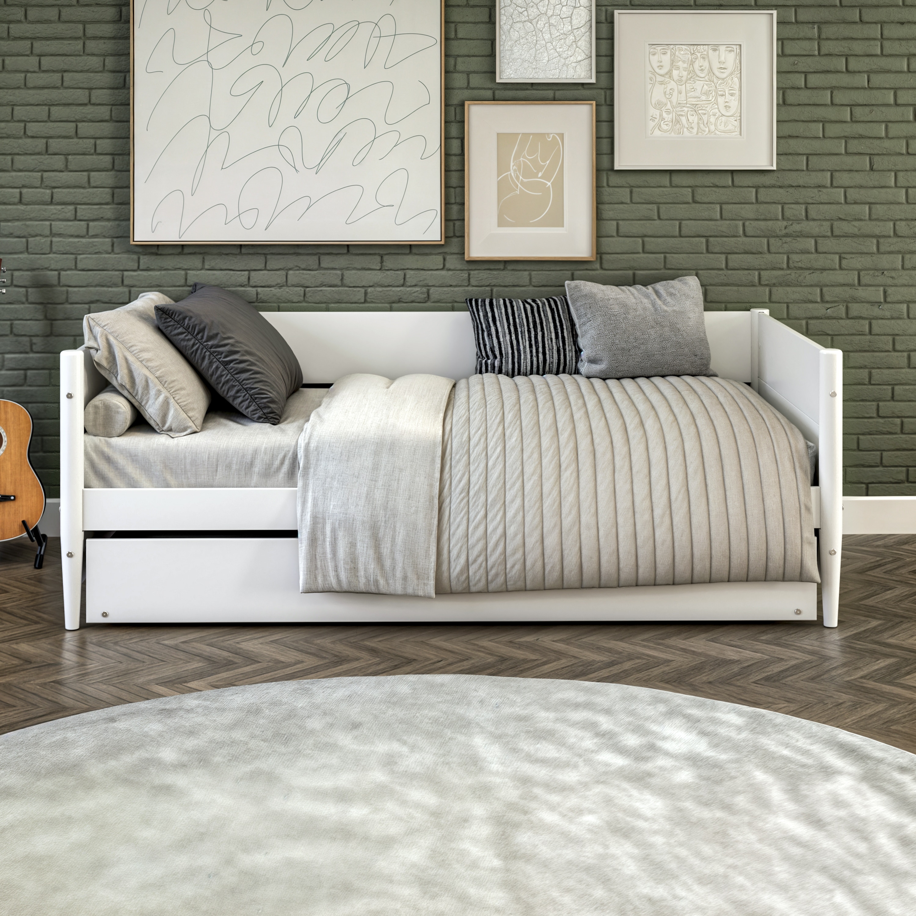 White Twin Wood Daybed with Trundle and Slats