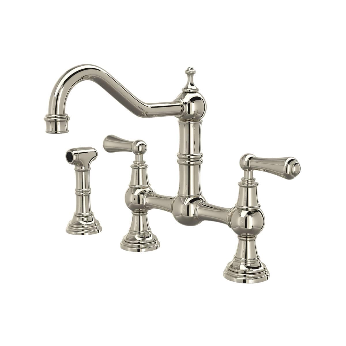 Rohl U.4756L-PN-2 Edwardian 1.8 GPM Deck Mount Bridge Kitchen Faucet in Polished Nickel with Lever Handles (Side Spray Included)