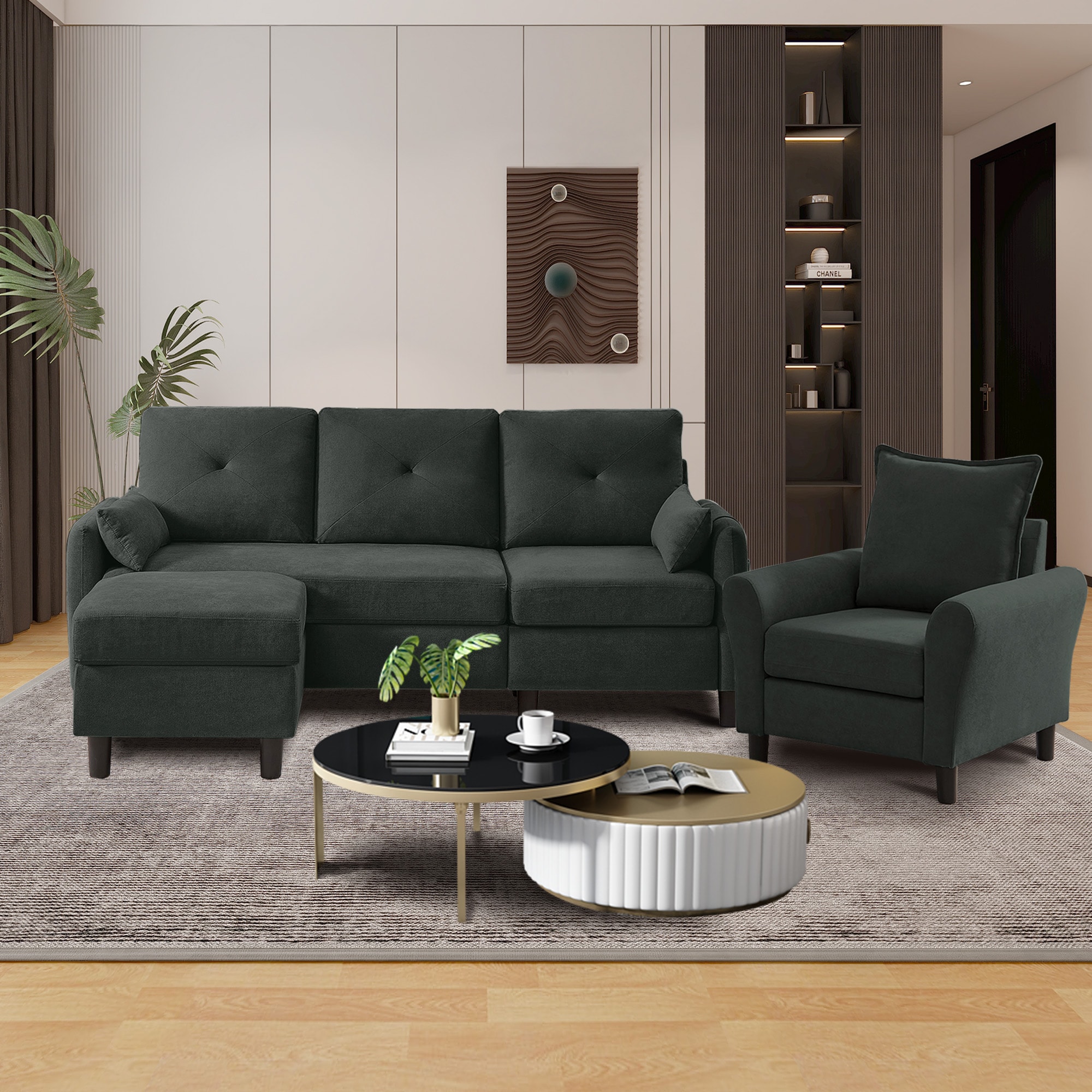 Jarenie YMX0223BK YMX0223 Modern 3 -Piece Polyester/Polyester blend Black Living Room Set