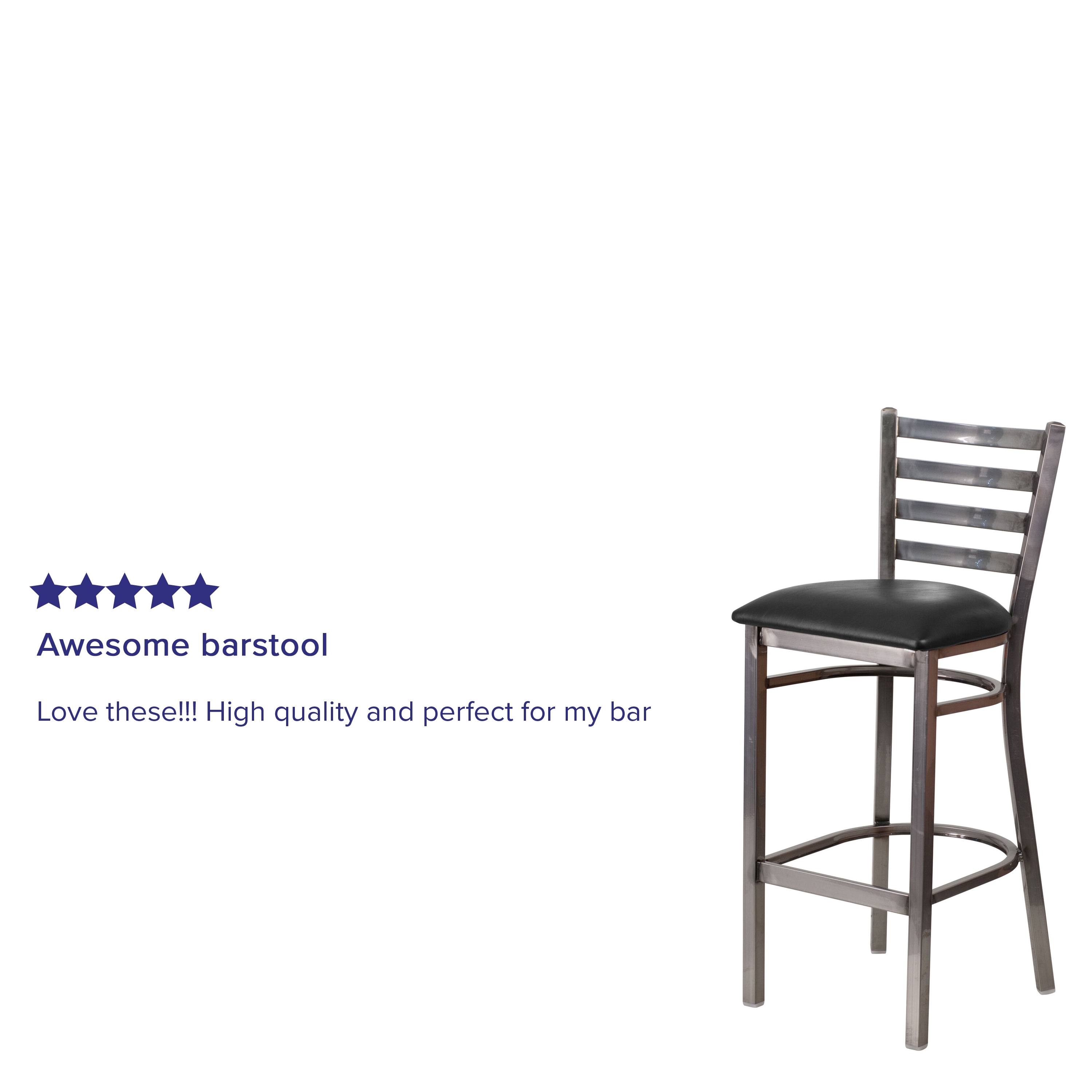 Silver Ladder Back 42" Metal Barstool with Black Vinyl Seat