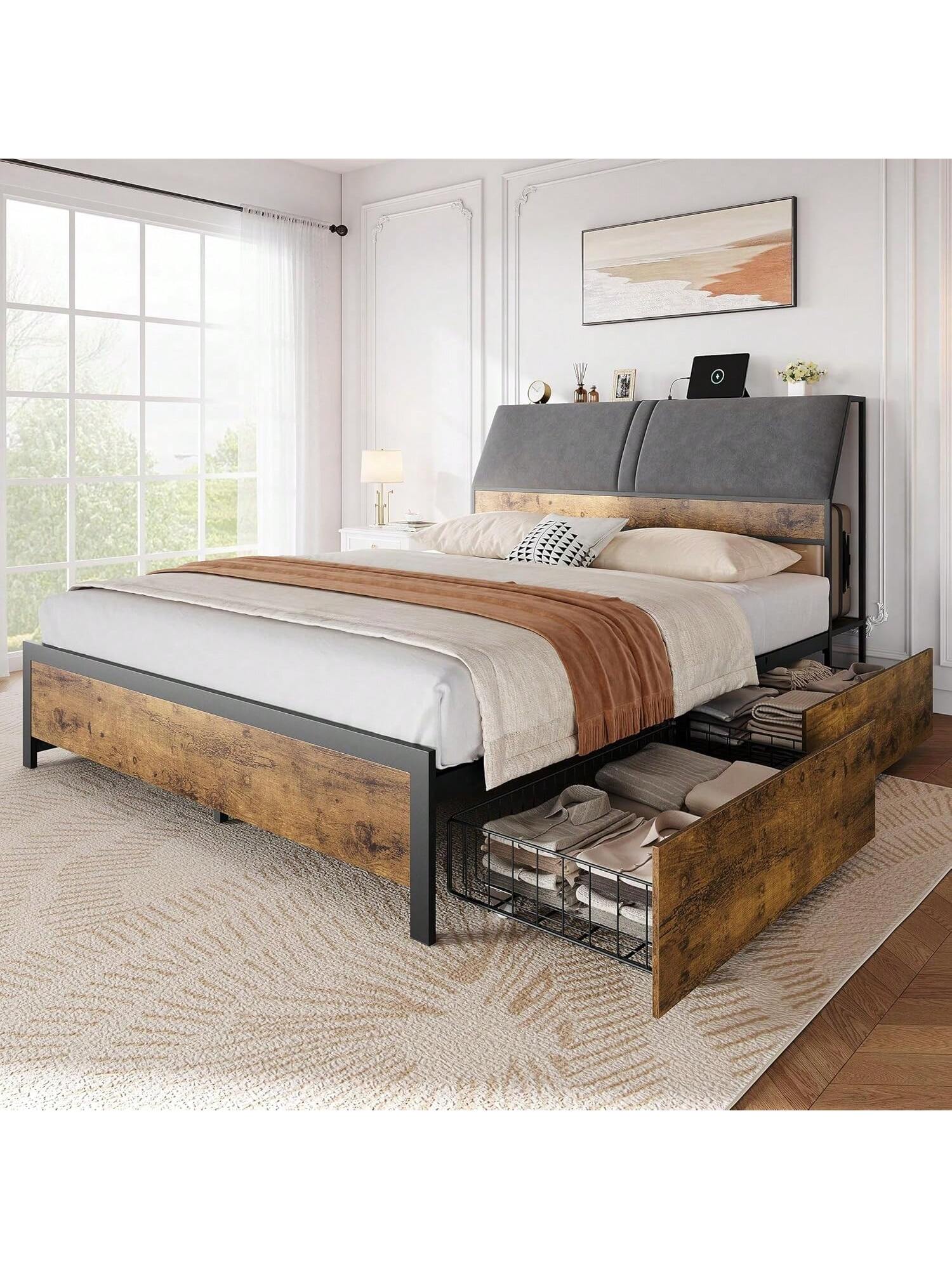 Qeetex PHO-14YP4FJZ-HF4 Full Bed Frame With Charging Station And 4 Storage Drawers. Metal Platform Bed With Ergonomic Large Storage Headboard. Noise-Free. No Box Spring Needed. Rustic Brown