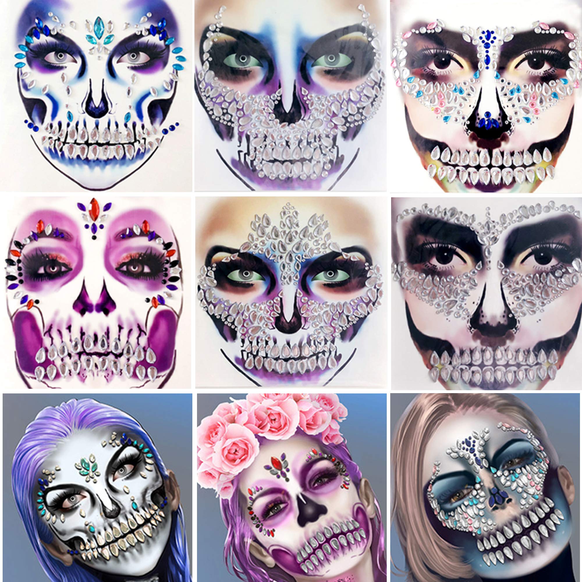 AKSCYZM  Skull Face Jewels Day of the Death Face Gems Halloween Face Decals 6 Pack durable home and garden accessory designed for everyday use