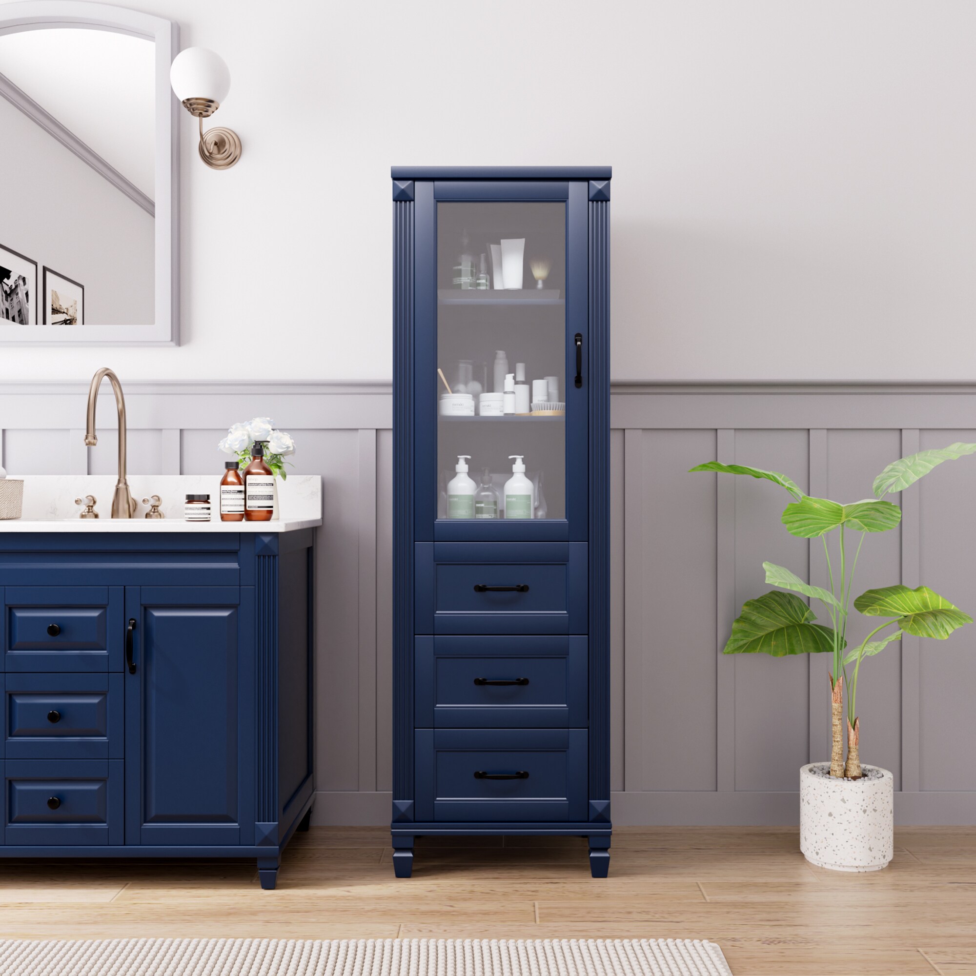 VOUA SAF-XNECW2-BE1 22-in x 71-in x 16-in Blue Wood Freestanding Soft Close Linen Cabinet