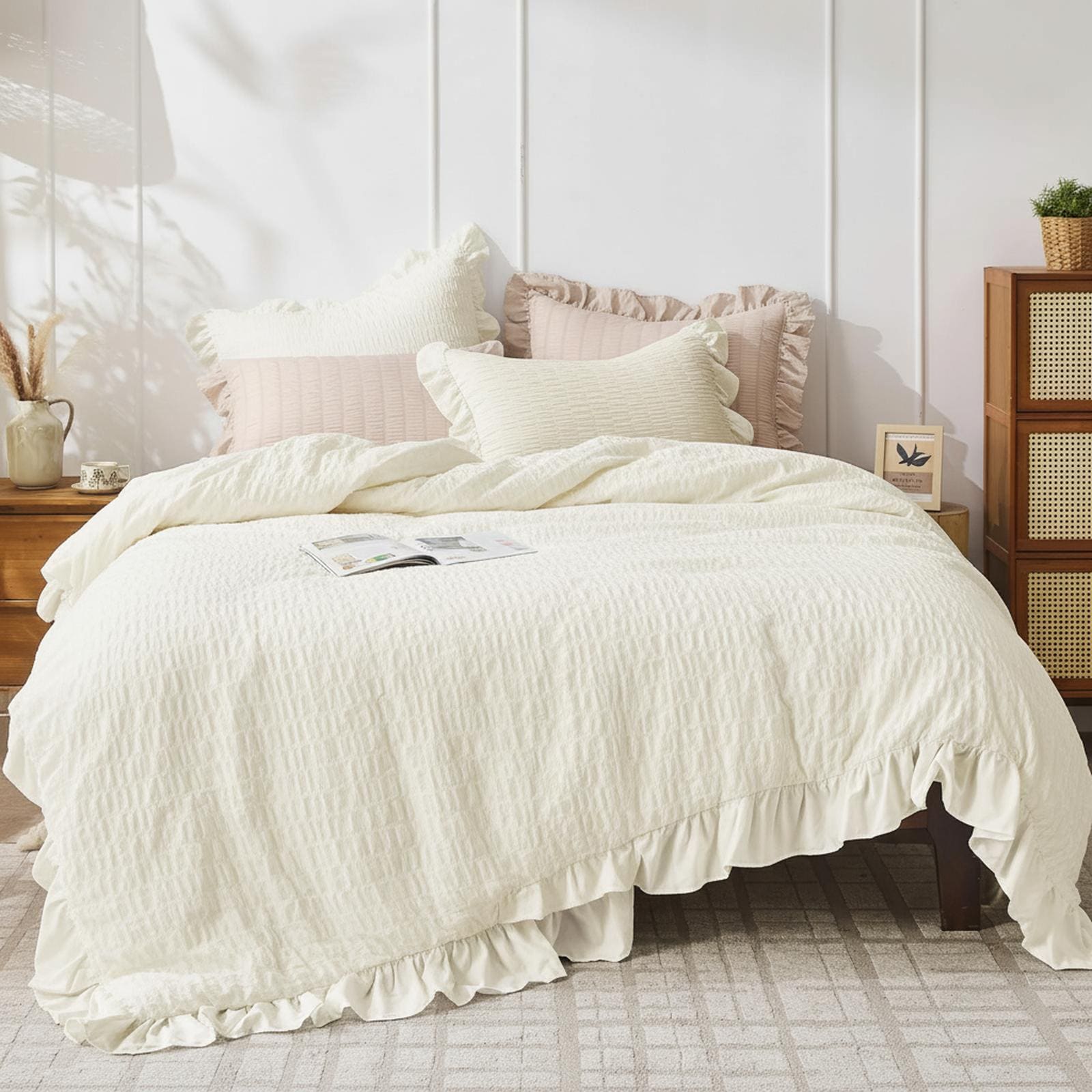 OMOMMD Twin Ruffle Seersucker Comforter  All Season Lightweight Soft Shabby Chic Bedding with Pillowshams  Certified Durable Easy Care