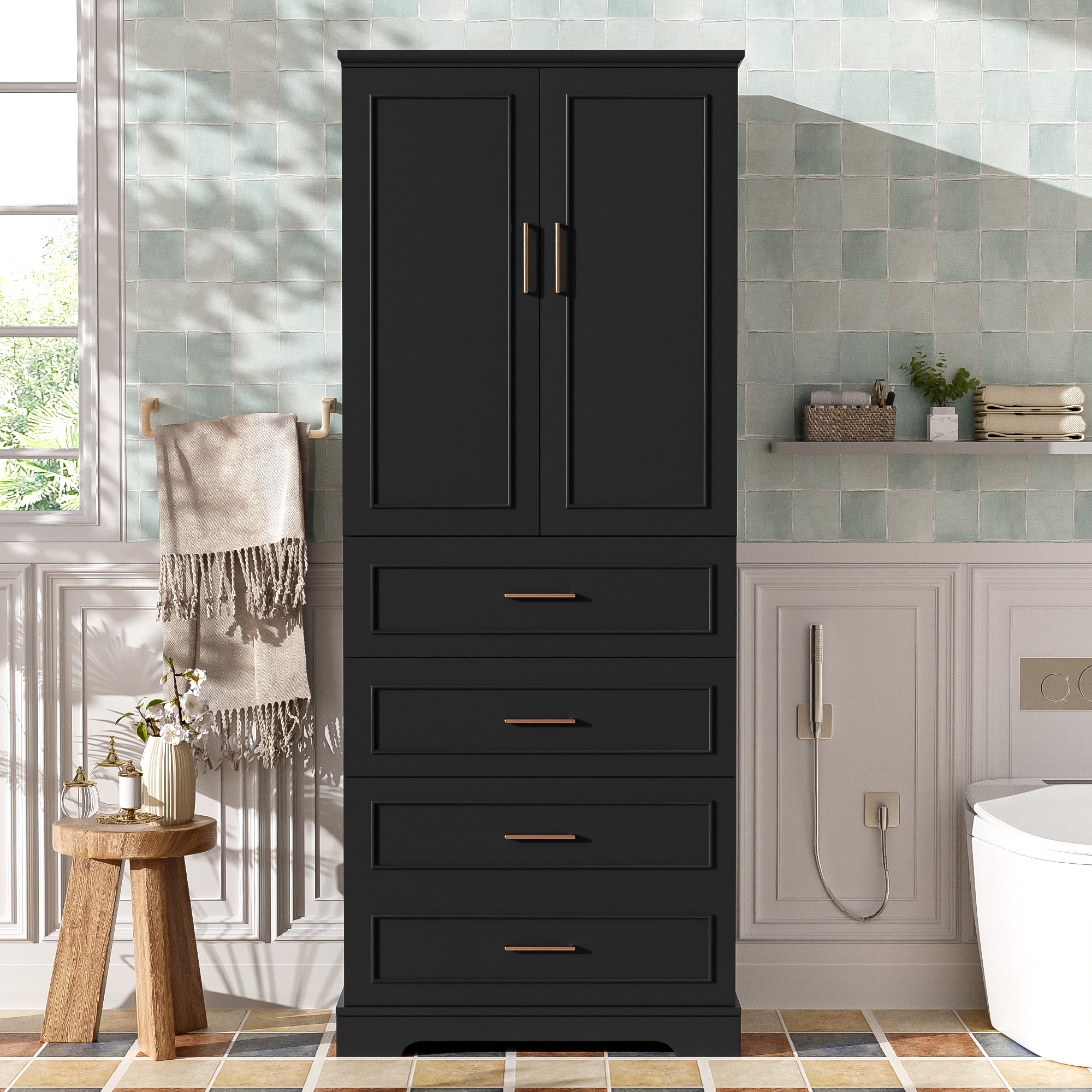 Tatayosi XH-96769B Freestanding Bathroom Cabinet 3 Drawers (Partitioned Standard Deep) Adjustable Shelf Soft-Close Doors MDF Panels Steel Handles