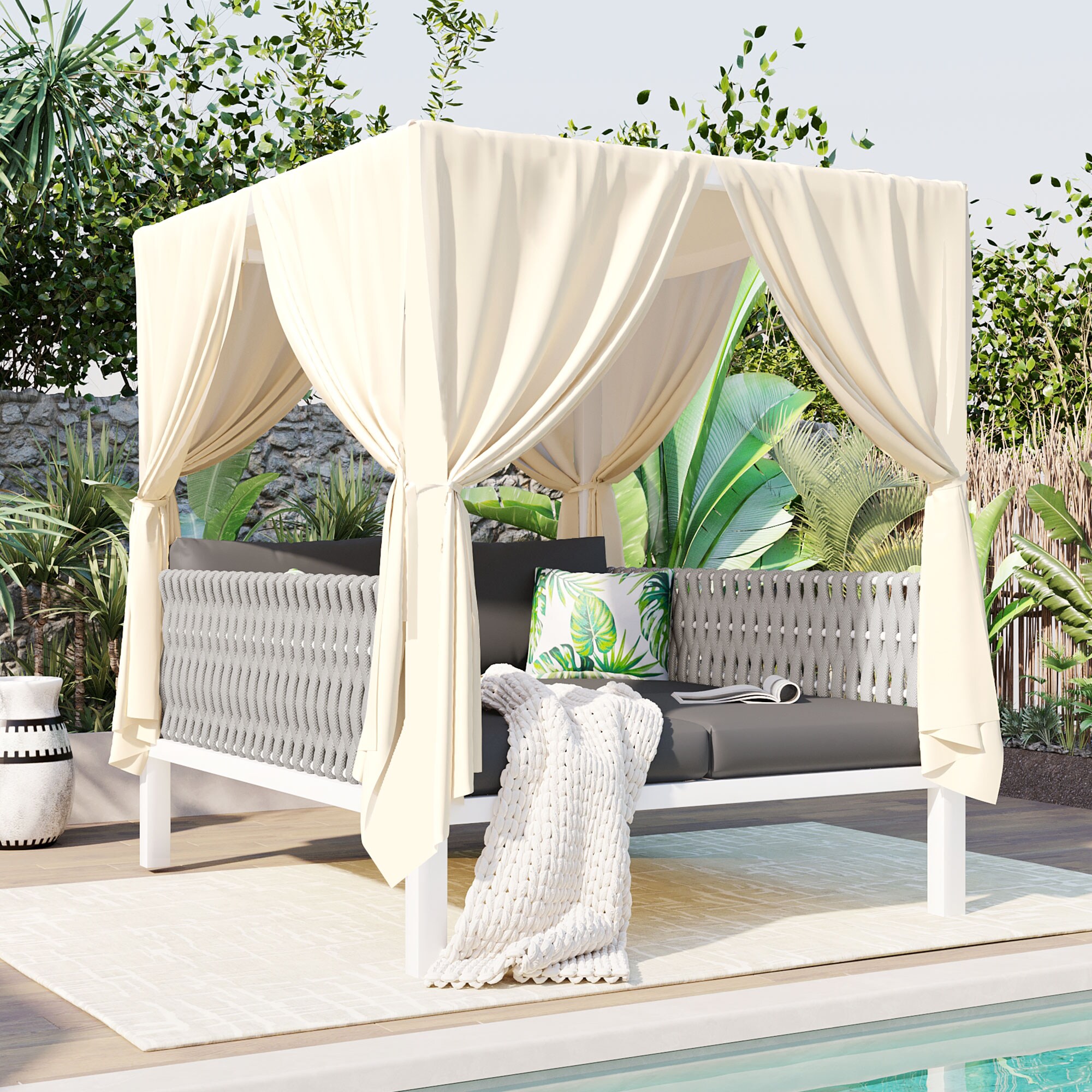 ModernLuxe L-WY000395AAE Outdoor Patio Sunbed with Curtains Woven Outdoor Daybed with Gray Cushions and Iron Frame