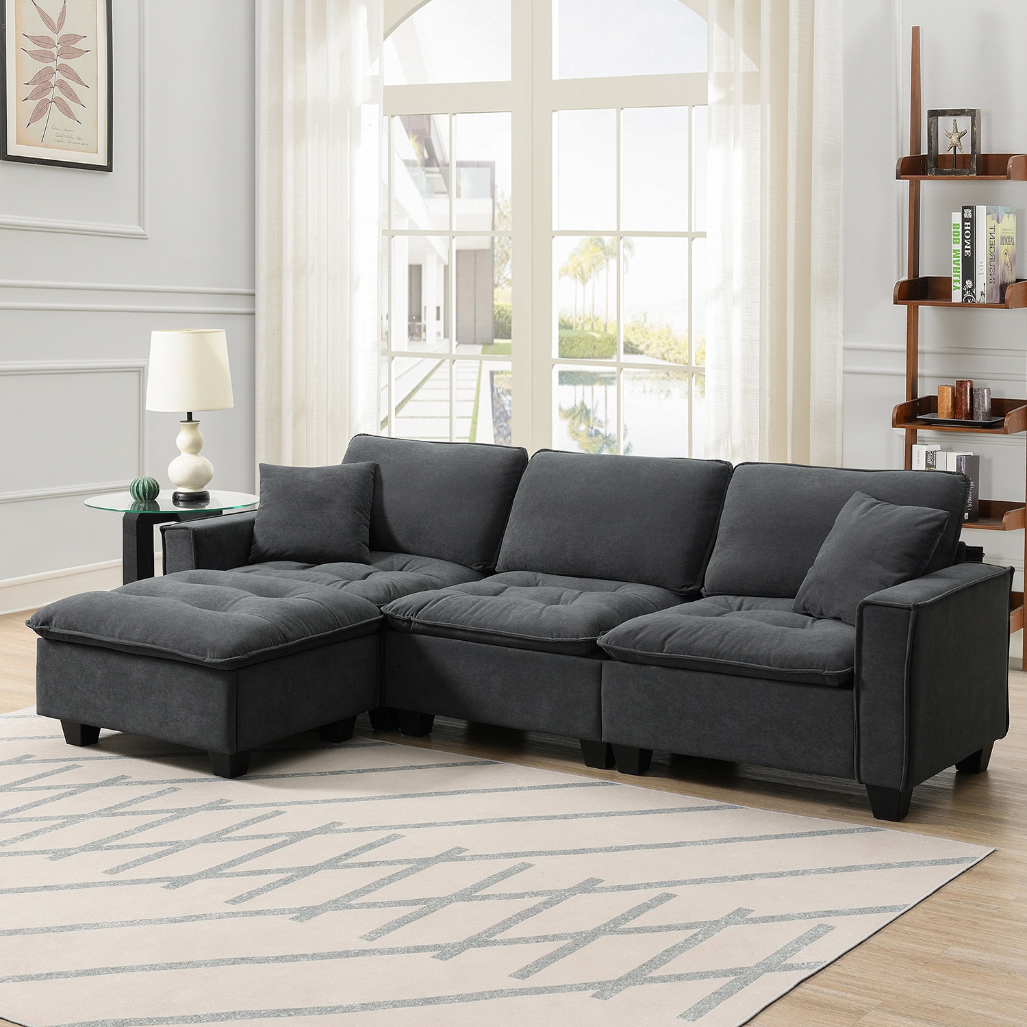 GZMR GZ-GN3199A Reversible Sleeper Sectional Sofa with Ottoman 100-in Modern Dark Gray Chenille 4 -seater Sofa