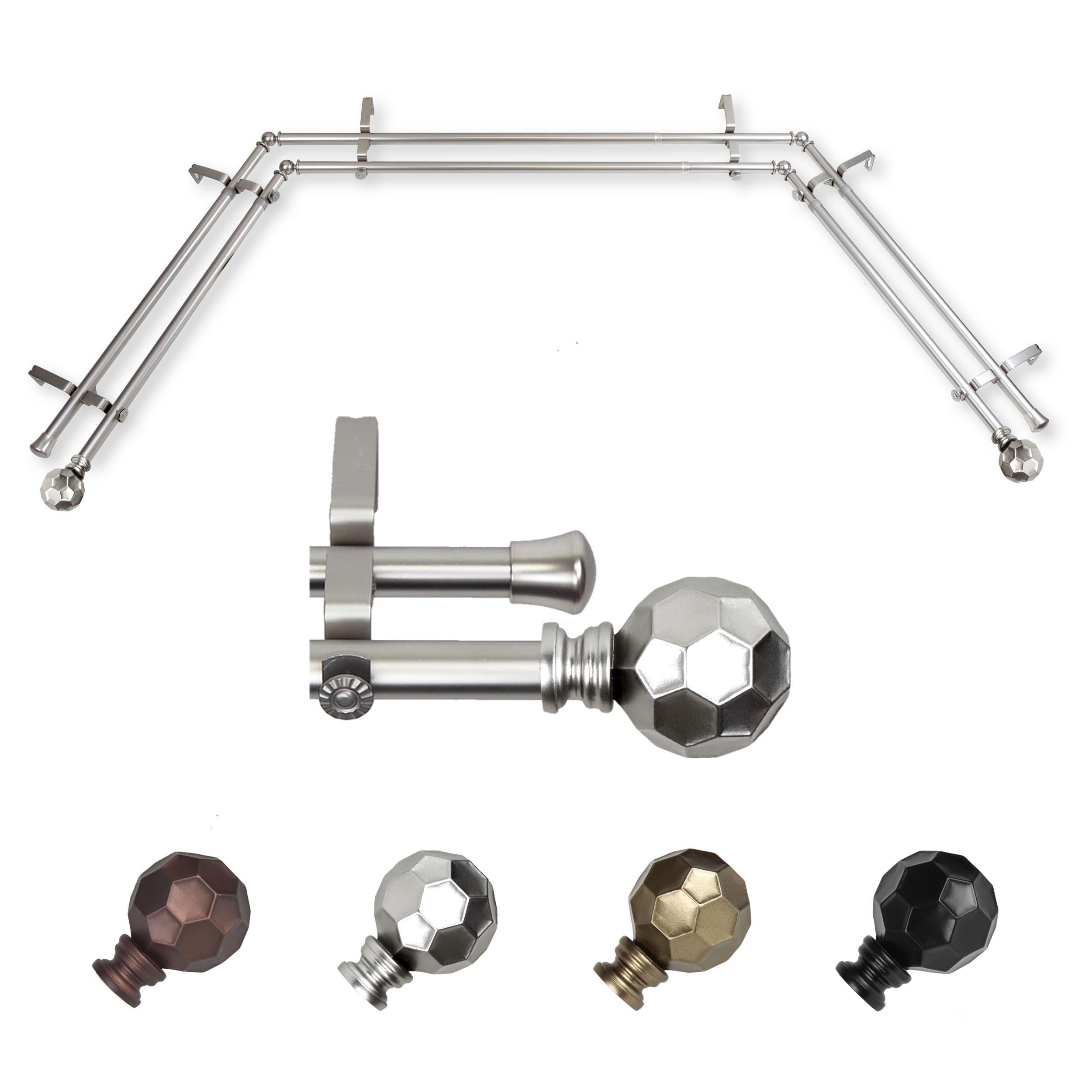 Hart & Harlow LO-ABAY-90-5D 72-in to 144-in Satin Nickel Steel Bay window curtain rod with Finials