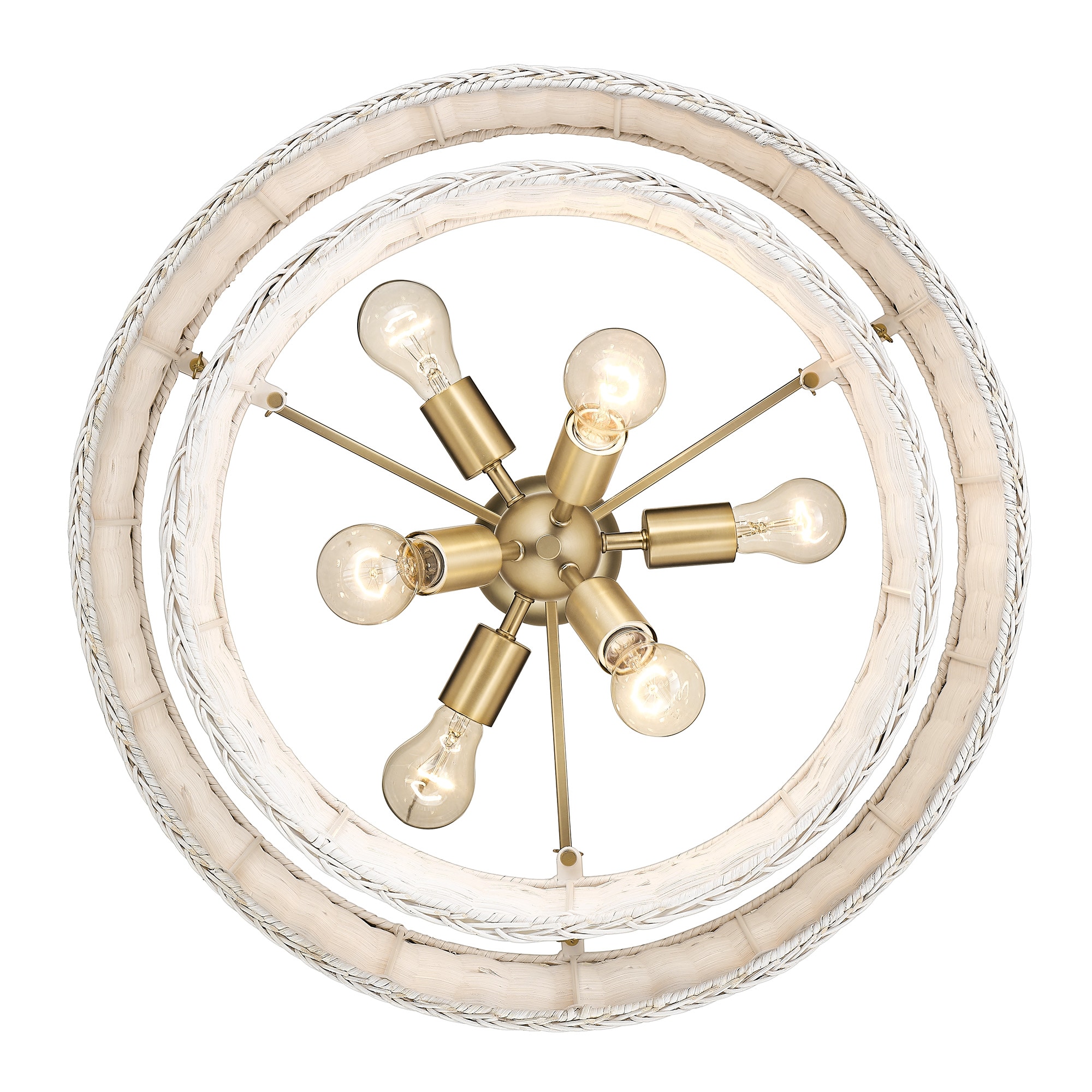 White Wicker Drum Chandelier with Bronze Accents