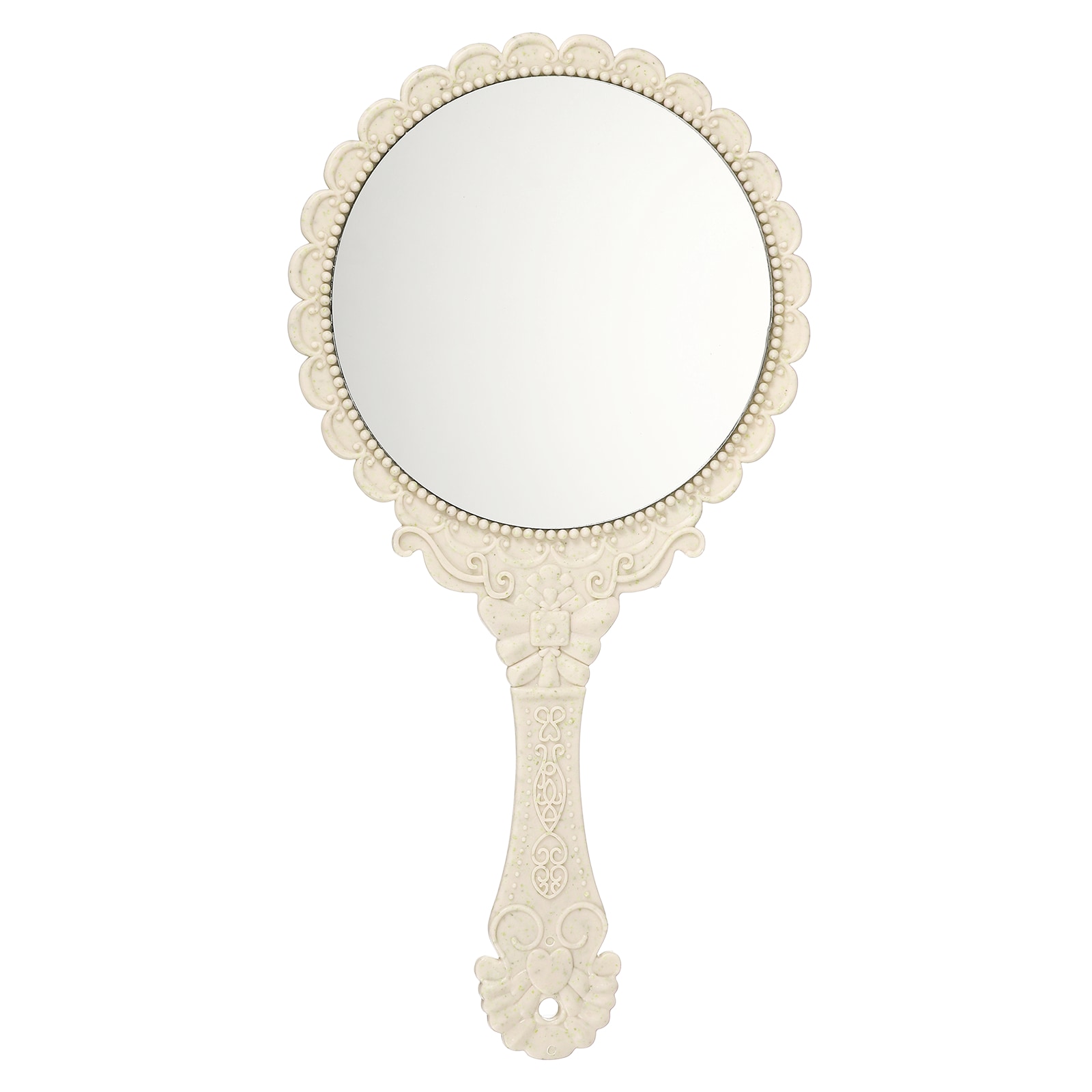 Unique Bargains 1pc Vintage Hand Held Mirror Embossed Design Portable Hand Vanity Mirrors Single Side with Hook Hole for Bathroom Bedroom Travel Makeup Use Beige(Round)