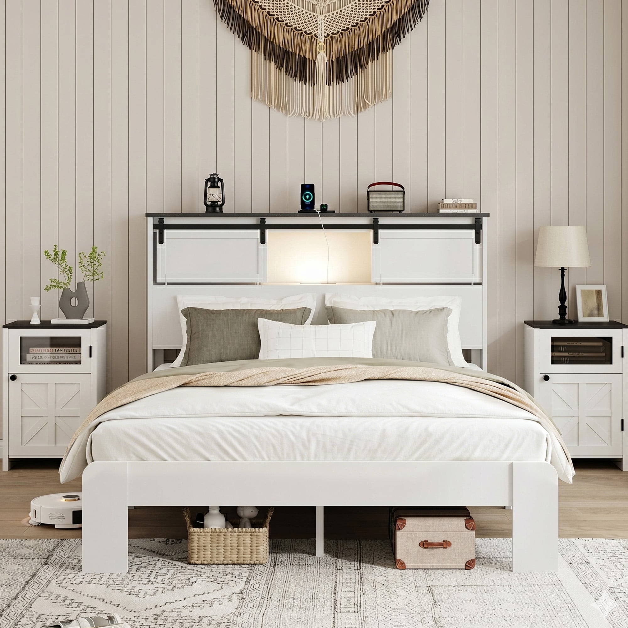 White Queen Metal Bed Frame with Built-In Charging Station/ Noise-Free Design/ Easy Assembly and No Box Spring Needed