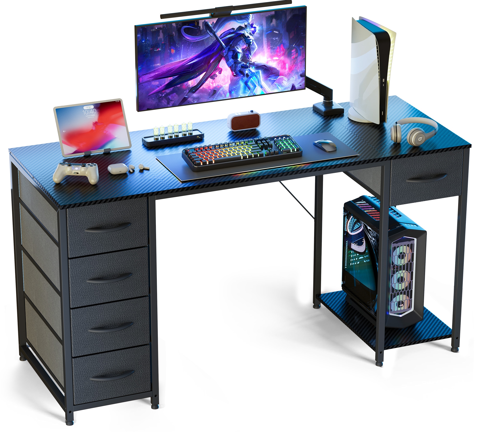 GTPLAYER LOWE'S-DH006-BLACK Black Computer Desk with 5 Drawers 47 IN W Home Office Desk with Storage Shelves