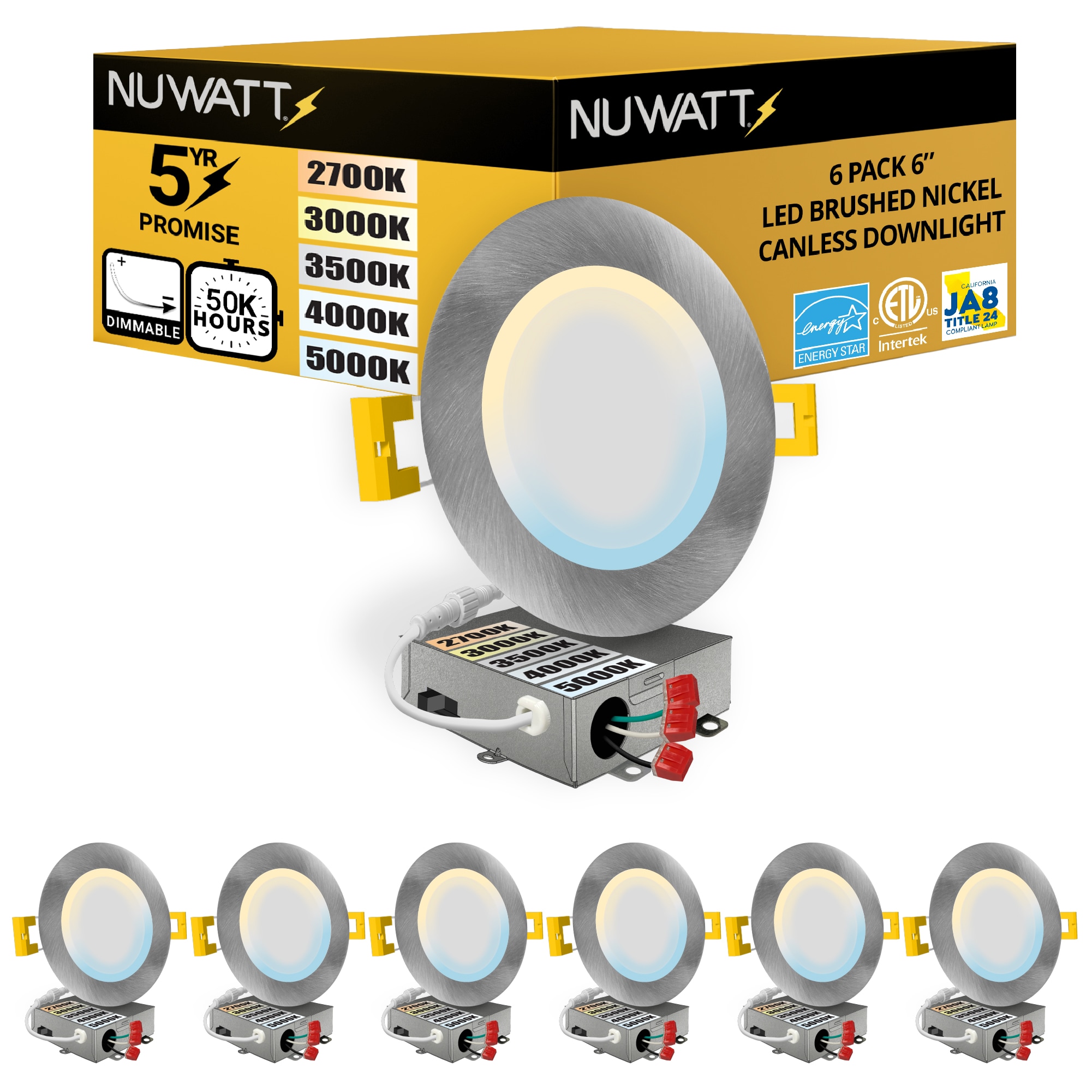 NUWATT NW-P-DL-6-15W5CTBN6P Ultra Slim Airtight IC Brushed Nickel 6-in 1050 -Lumens Switchable Round Dimmable LED Canless Damp rated Recessed Downlight 6 -Pack