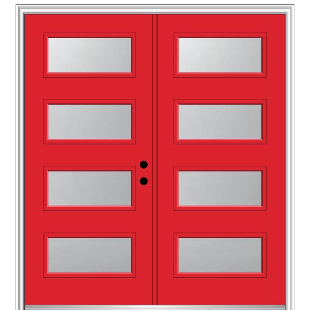 MMI DOOR ZZ346945L Spotlights 72-in x 80-in x 4-9/16-in Fiberglass Pulse lite Left-hand inswing Red Saffron Painted Prehung Double Front Door with Brickmould Insulating core