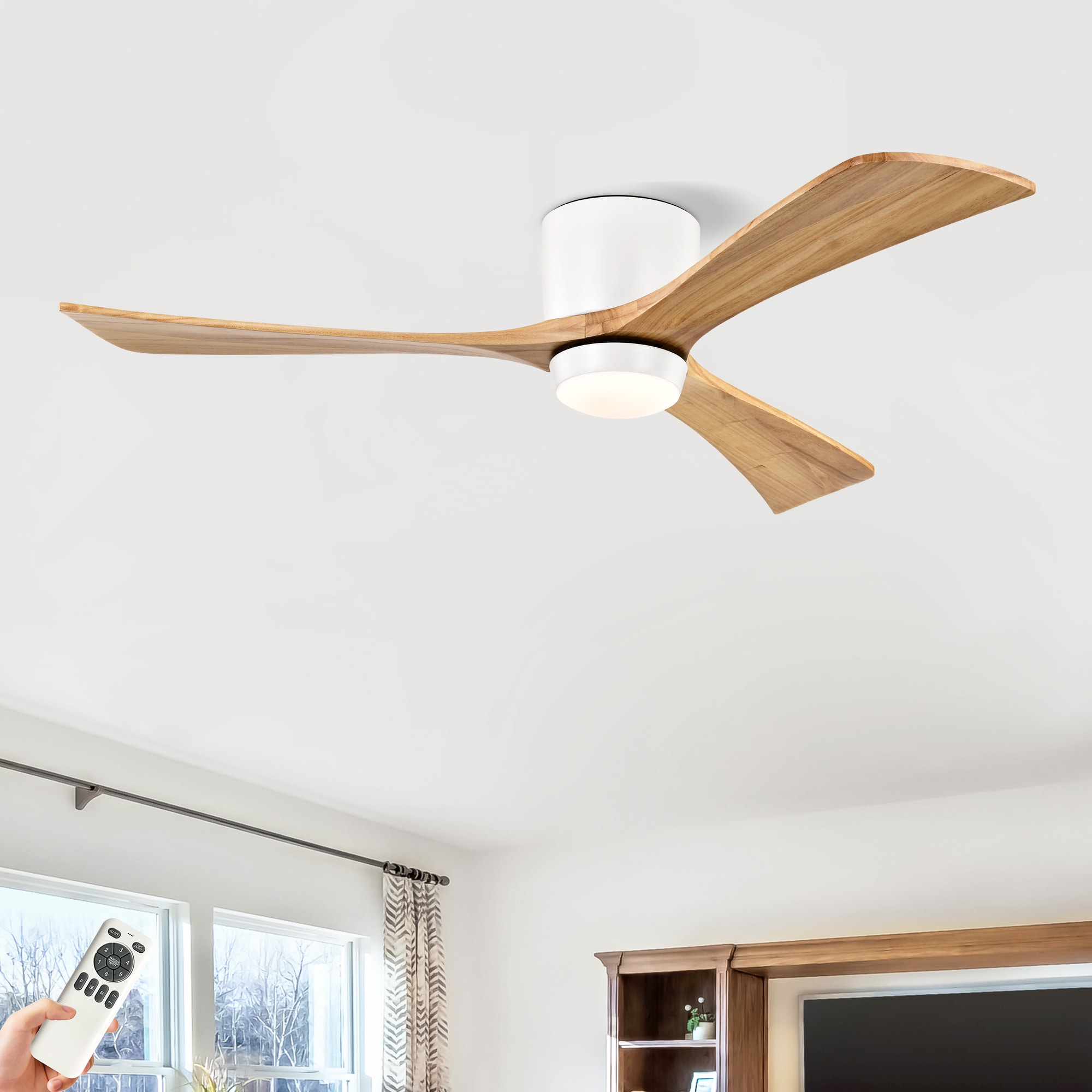 WELLFOR GASL395V80WT 52-in Flush Mount Matte White with Natural Blades Ceiling Fan With Light - Remote Included ( 3 -Blade )