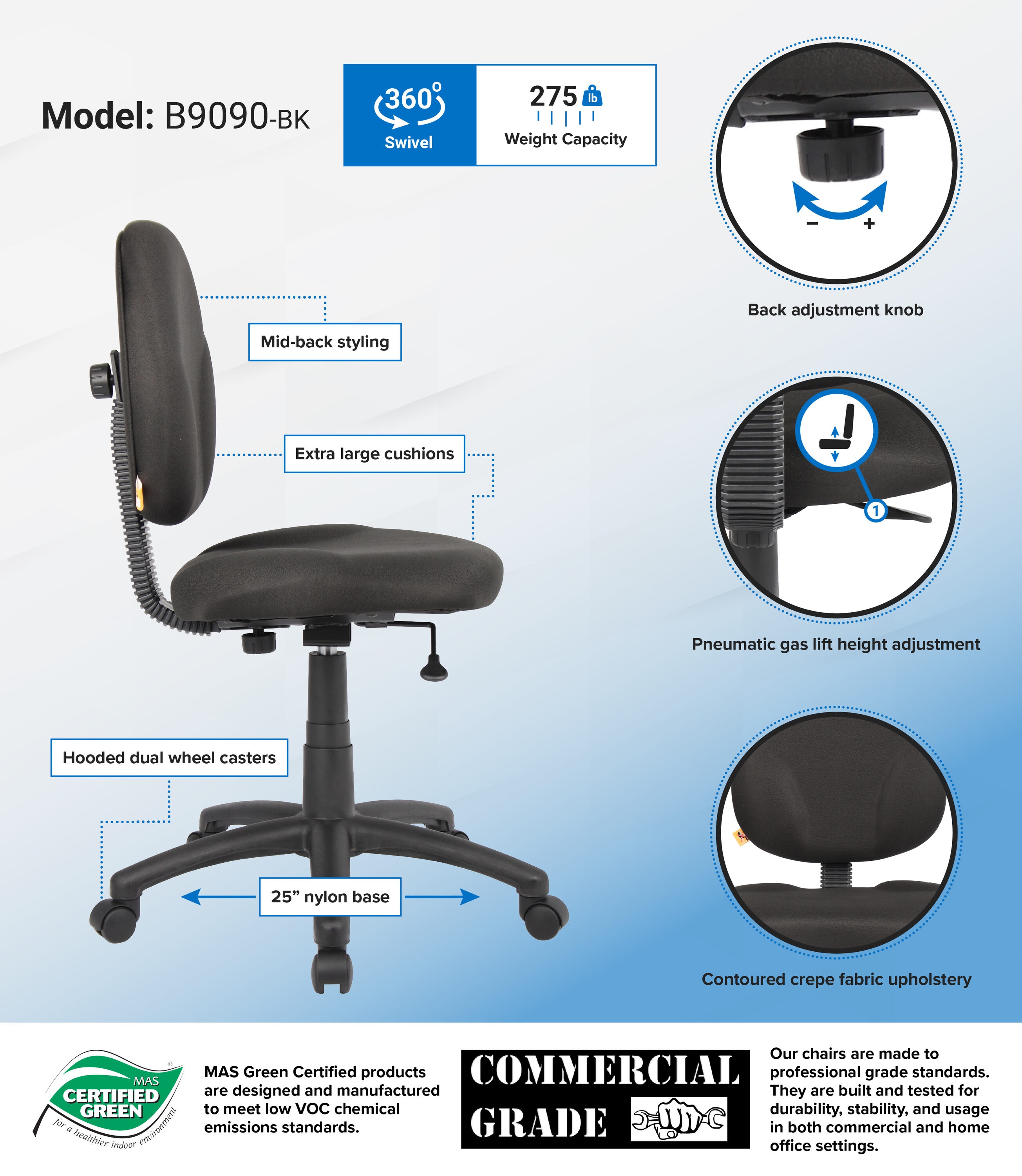 ErgoFlex Diamond Swivel Task Chair in Black with Adjustable Support