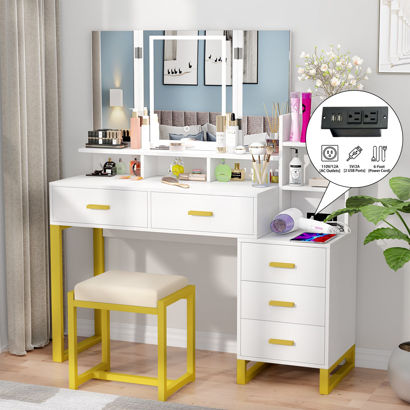 White Makeup Vanity with 10 Light Bulbs Modern Vanity Table with Mirror  &Outlets