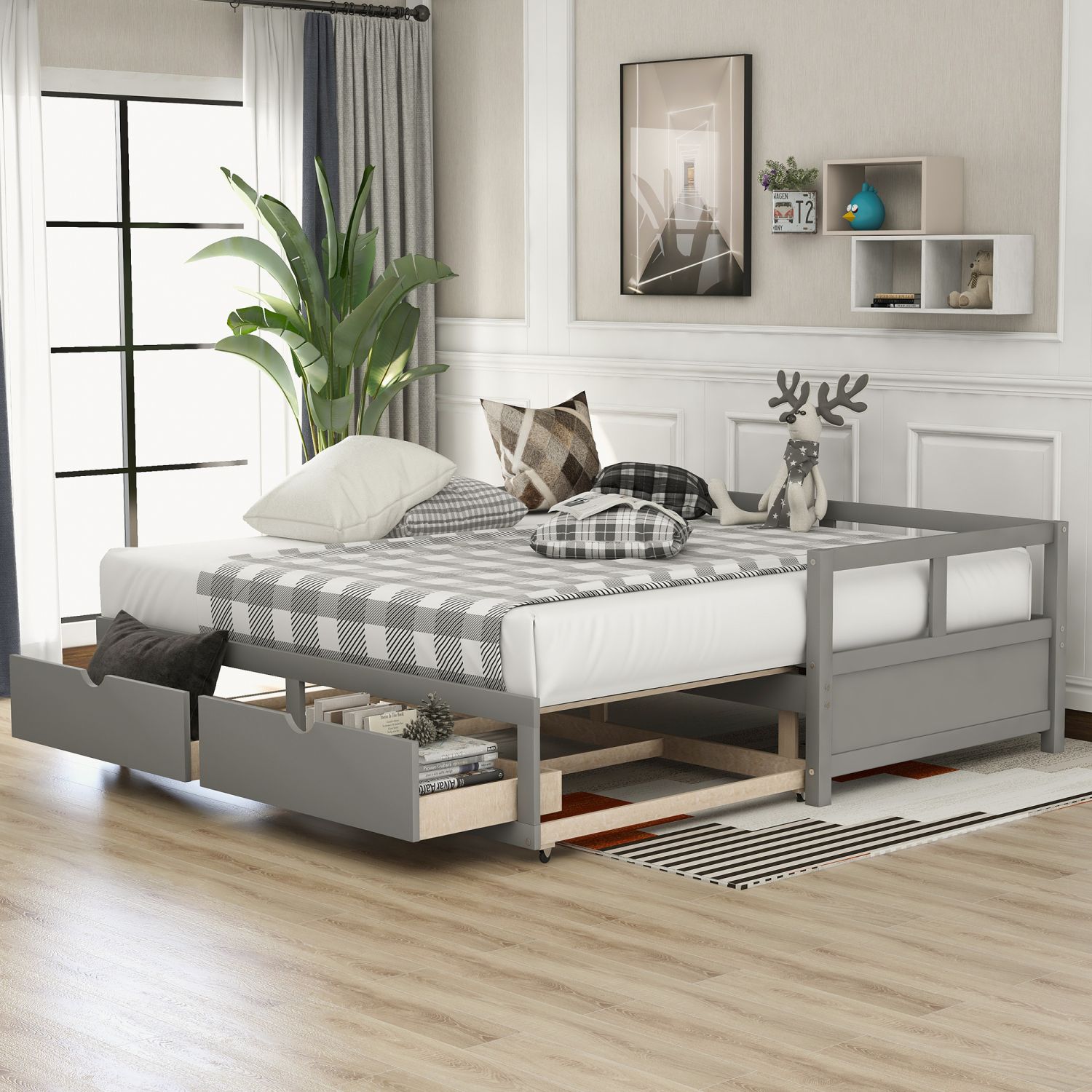 JASMODER Gray Twin Composite Platform Bed with Storage in the Beds ...