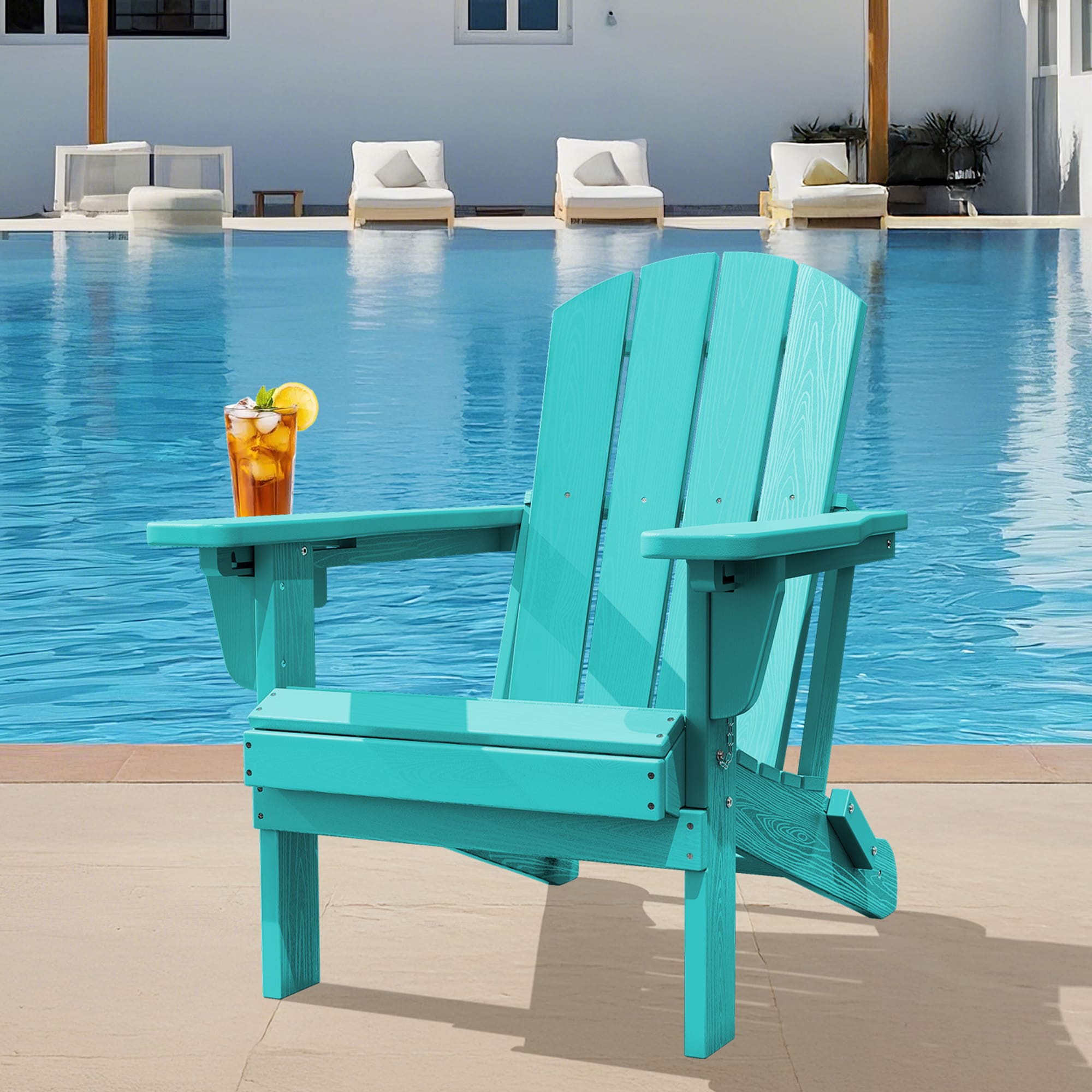 JEAREY PECGTJY-PB HDPE Patio Folding Adirondack Chair with Cup Holder Peacock Blue HDPE Frame Stationary Adirondack Chair with Slat Seat