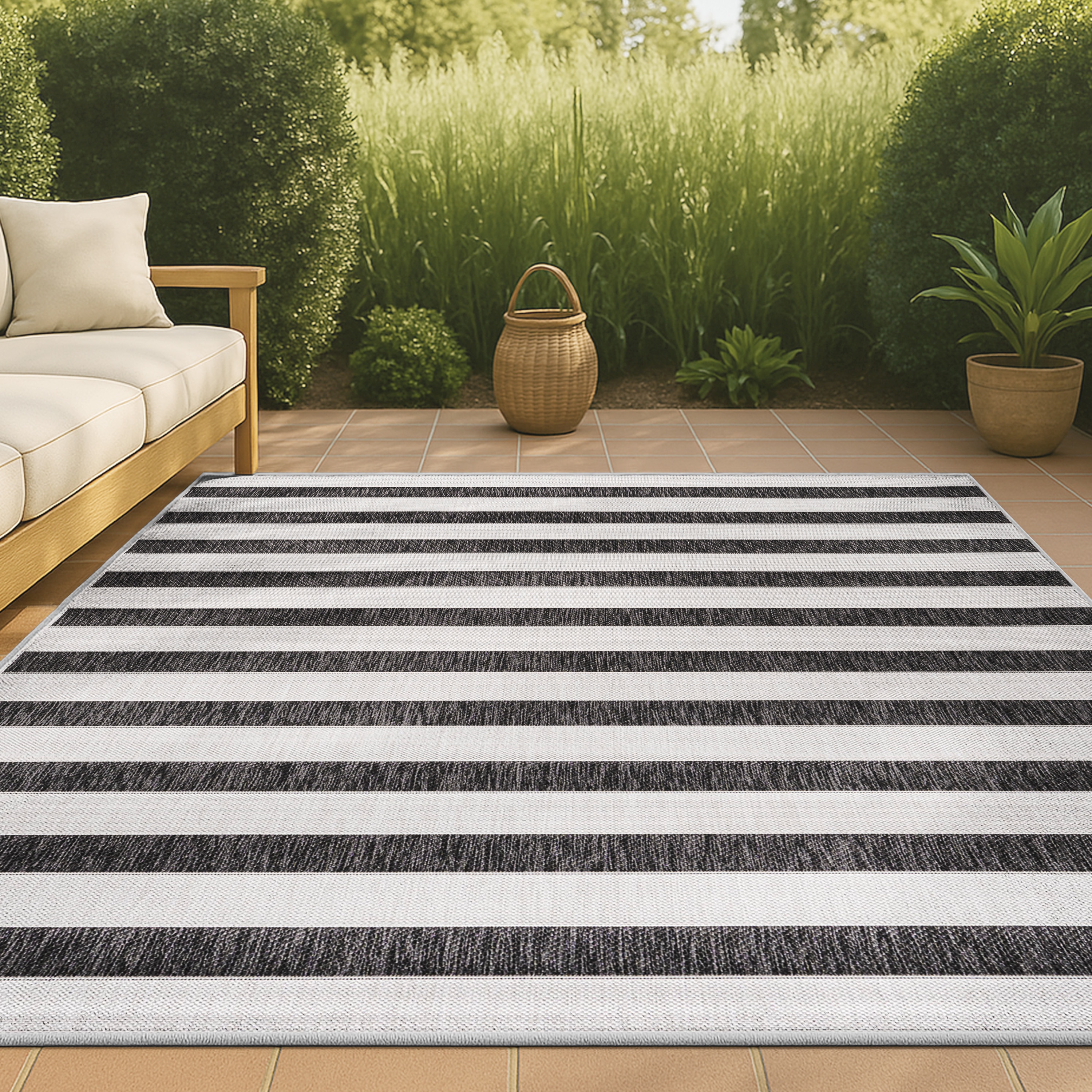 JONATHAN  Y SMB112B-3 Santa Monica Aveiro 3 x 5 (ft) Loomed Polypropylene Black/Cream Rectangular Indoor/Outdoor Stripe Bohemian/Eclectic Area rug