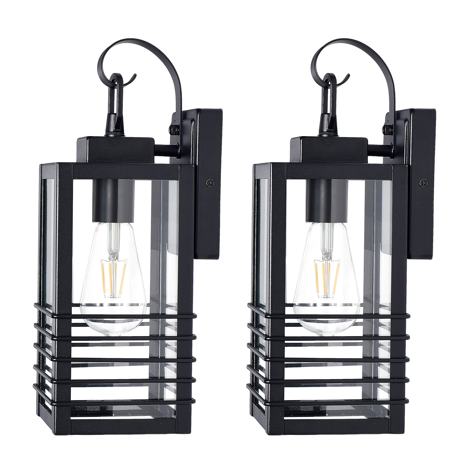 LOBREG  2 Packs 14.6 in 60W Matte Black Modern Metal Frame Tempered Glass Outdoor Wall Sconce Compatible with E26 Base Bulbs