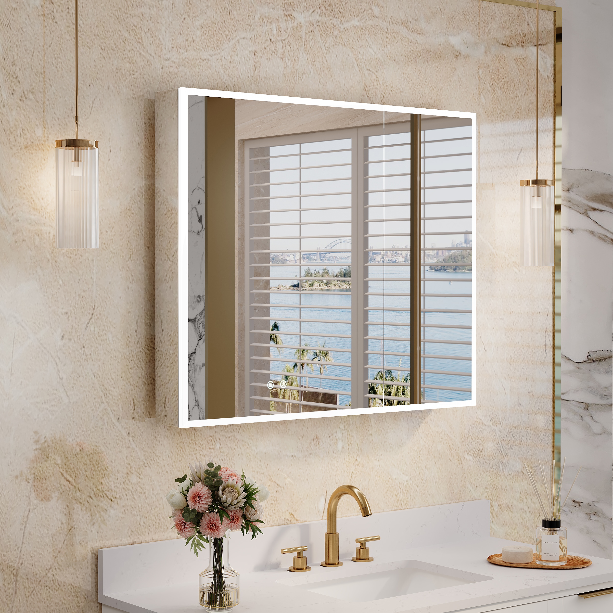 ANGELES HOME  36-in x 30-in Lighted LED Fog Free Surface/Recessed Mount Aluminum Mirrored Rectangle Soft Close Medicine Cabinet with Outlet