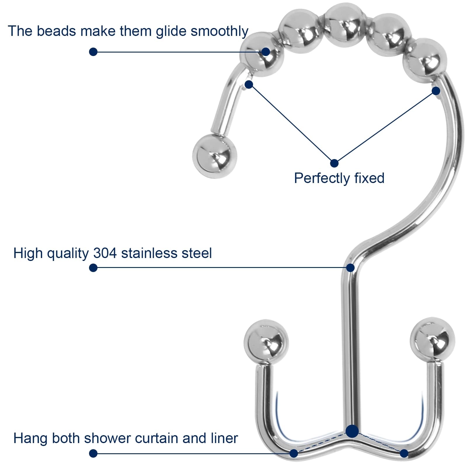 Etokfoks  stainless steel double sided shower curtain hooks set of 12 chrome plated rolling ball rings hold curtains and liners up to 50 lb