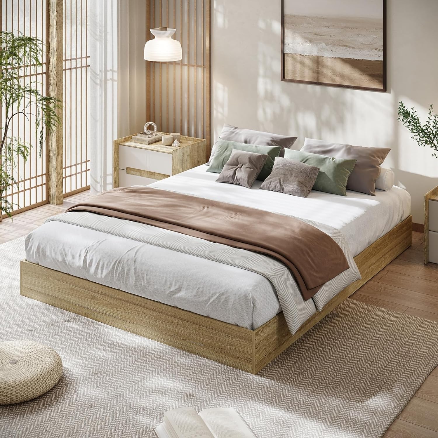 Qeetex LHF-BED-PHK-33D5PDHG Queen Size Wood Platform Bed Frame Wooden Bed Frame Without Headboard Wood Slat Support No Box Spring Needed Easy Assembly Burlywood