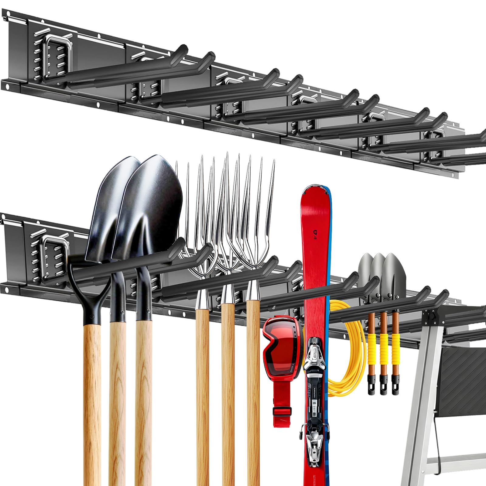 KHKFY  Garage Tool Organizer Wall Mount 48 inch Heavy Duty Storage System with 6 Adjustable Hooks for Shovel Snowboard Yard Tools Shed Workshop