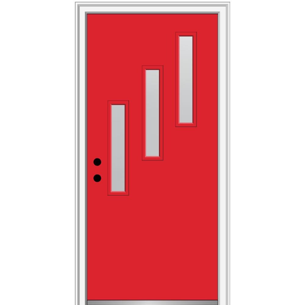 MMI DOOR ZZ347950R Spotlights 36-in x 80-in x 4-9/16-in Fiberglass Pulse lite Right-hand inswing Red Saffron Painted Prehung Front Door with Brickmould Insulating core