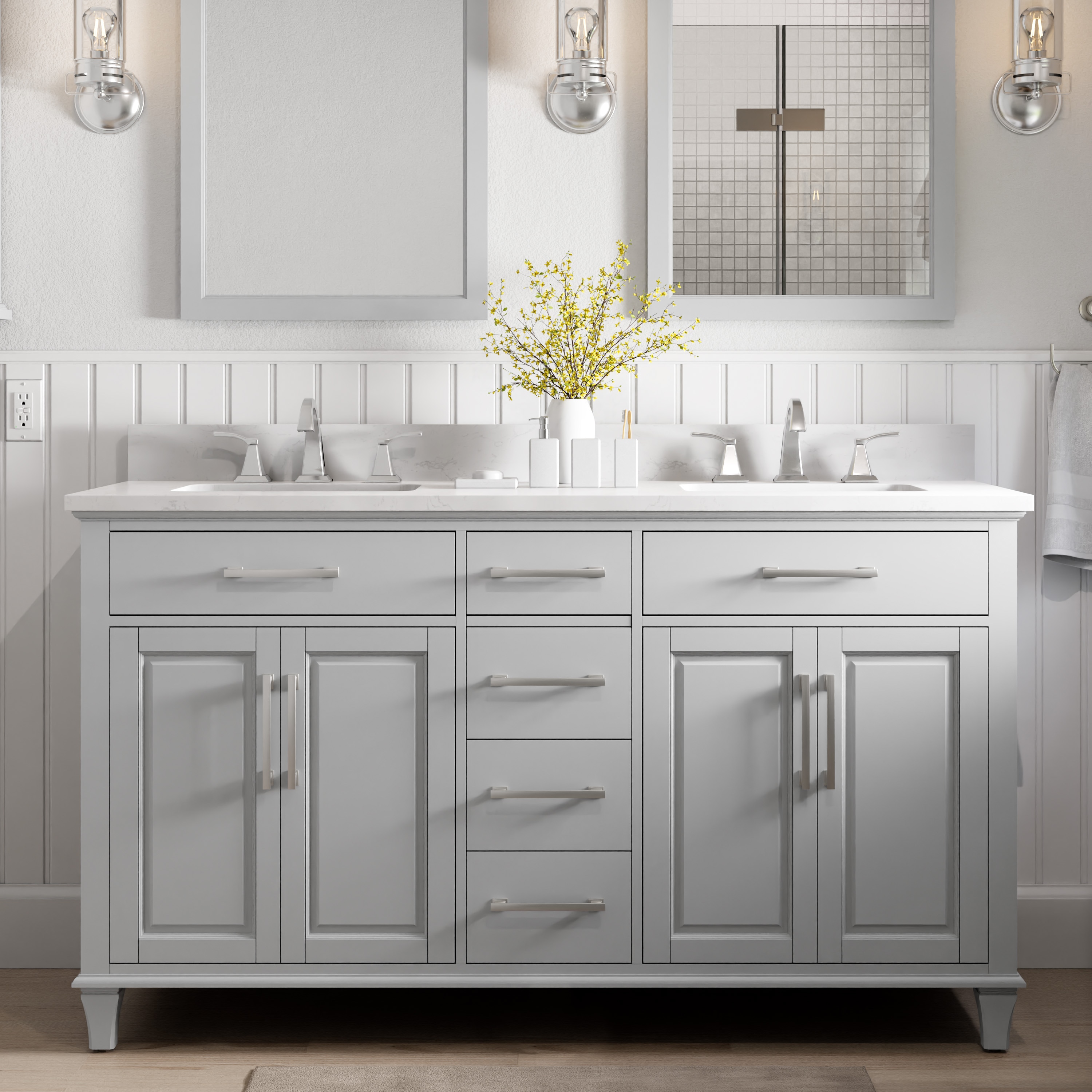 allen + roth 1789VA-60-242-925-UM Brookview 60-in Muse Gray Undermount Double Sink Bathroom Vanity with Carrara Engineered Marble Top