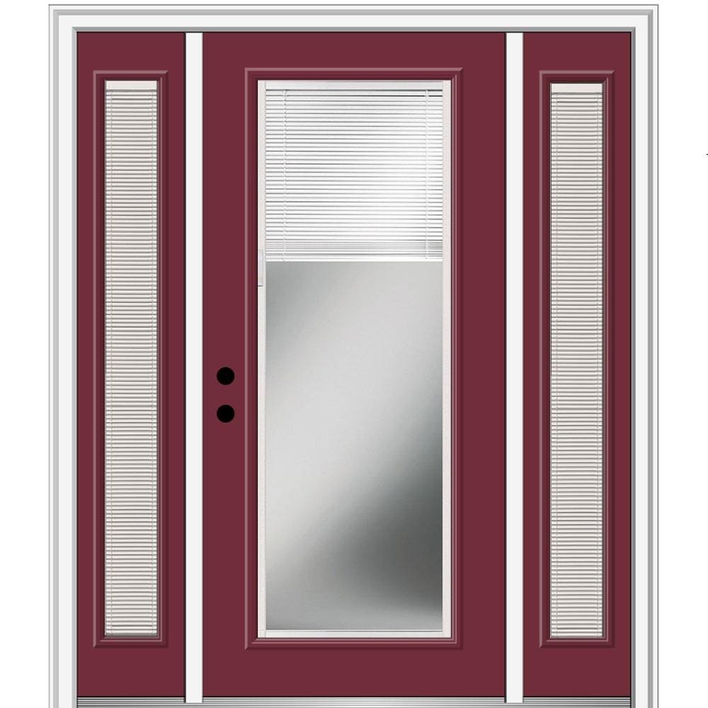 MMI DOOR ZZ04612R 64-in x 80-in x 4-9/16-in Fiberglass Full lite Right-hand inswing Burgundy Painted Prehung Front Door with Sidelights with Brickmould Insulating core with Blinds