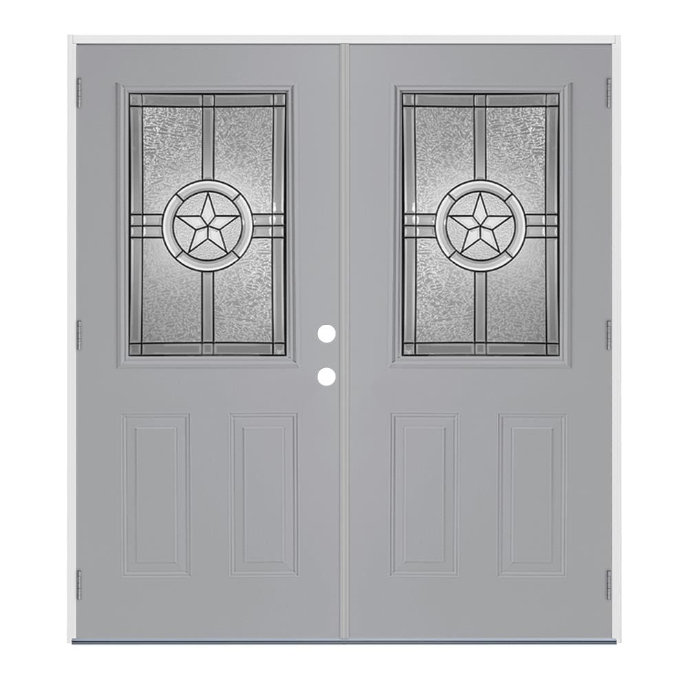 JELD-WEN LOWOLJW230300148 Radiant Star 72-in x 80-in Steel Half Lite Right-Hand Outswing Infinity Grey Painted Prehung Double Front Door Insulating Core
