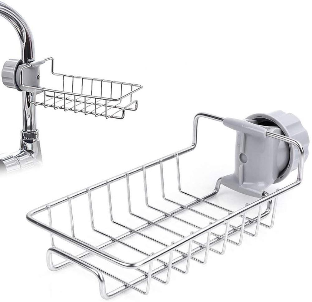 WINGSIGHT Faucet Sponge Holder Kitchen Sink Caddy Organizer Over Faucet Hanging Faucet Drain Rack for Sink Organizer (Double with Dishcloth Rack