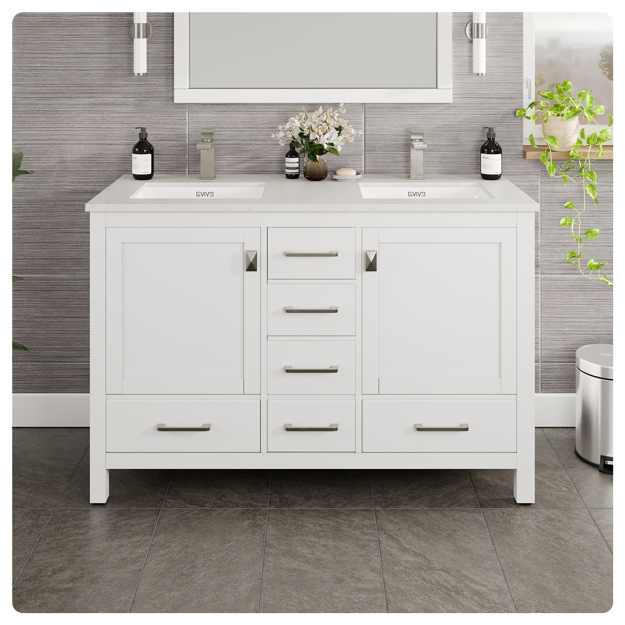 Eviva TVN414-48X18WH-DS-Q London 48-in White Undermount Double Sink Bathroom Vanity with White Quartz Top