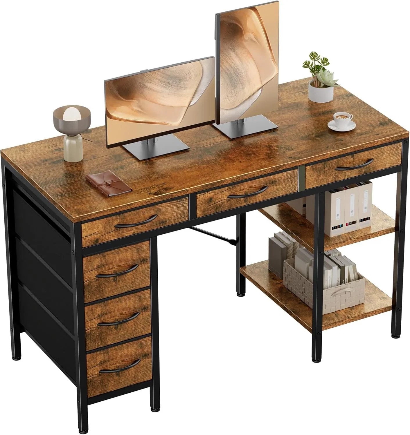 Maocao Hoom 55 Inch Computer Desk with 6 Drawers Storage Shelves 55.12-in Brown Modern/Contemporary Computer desk