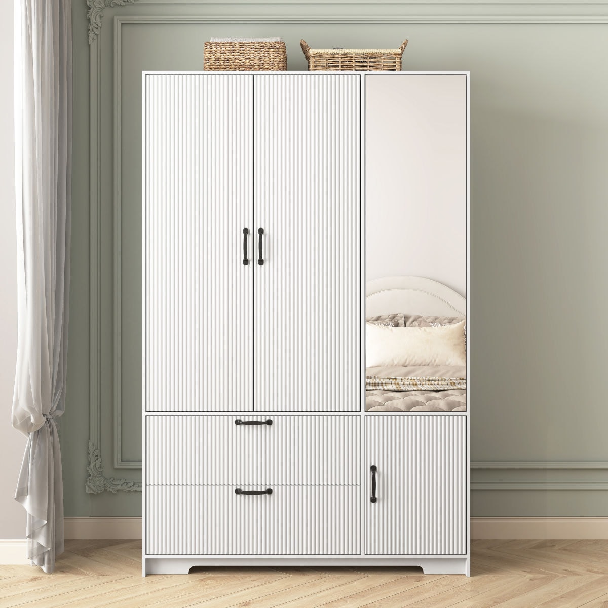 Wooakway - 71.7 Inch Tall White Wooden 4-Door Wardrobe with Spacious Interior Mirror Built-in Aut...