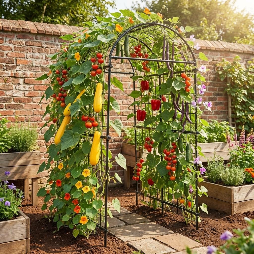Encore Beets 7.5 Ft Tall Metal Garden Trellis With Netting 7 Horizontal Pipes Black
