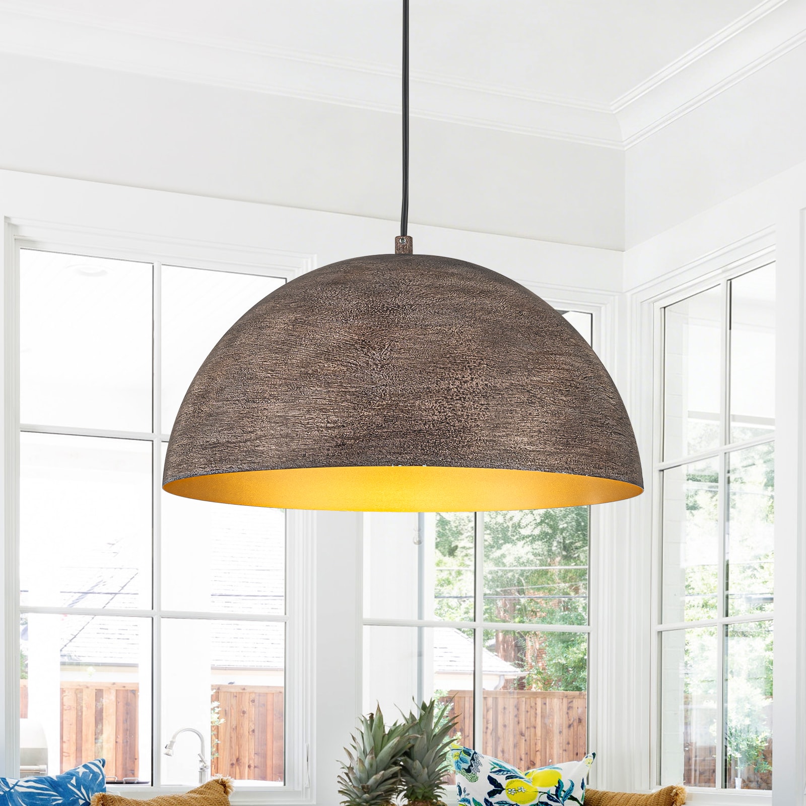 MENCOLULU Weathered Wood-Tone Dome Pendant Lighting 1 -Light Brown Farmhouse Metal Dome Large Hanging Convertible pendant/Semi-flush Light