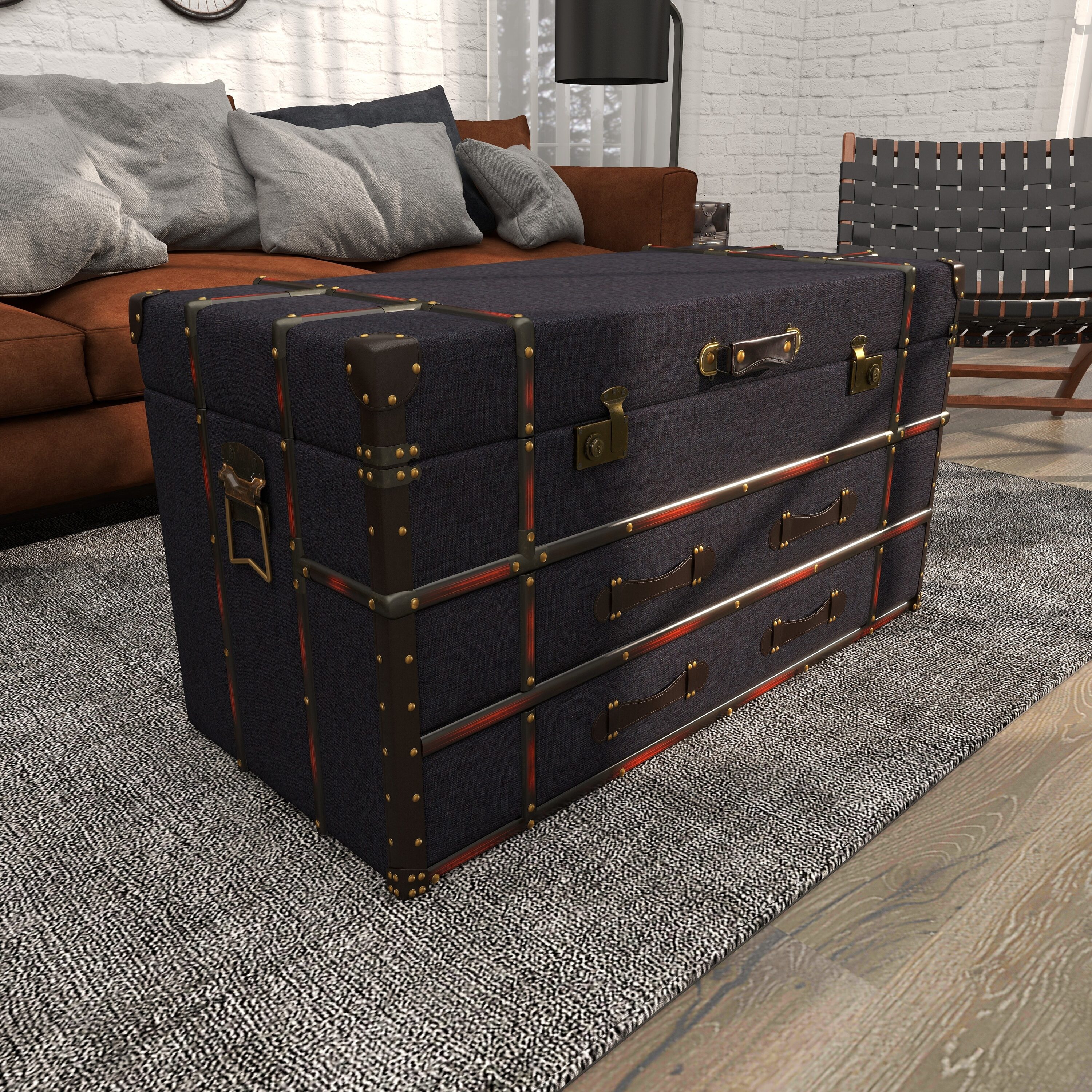 Dark Blue Linen Upholstered Trunk Coffee Table with Storage