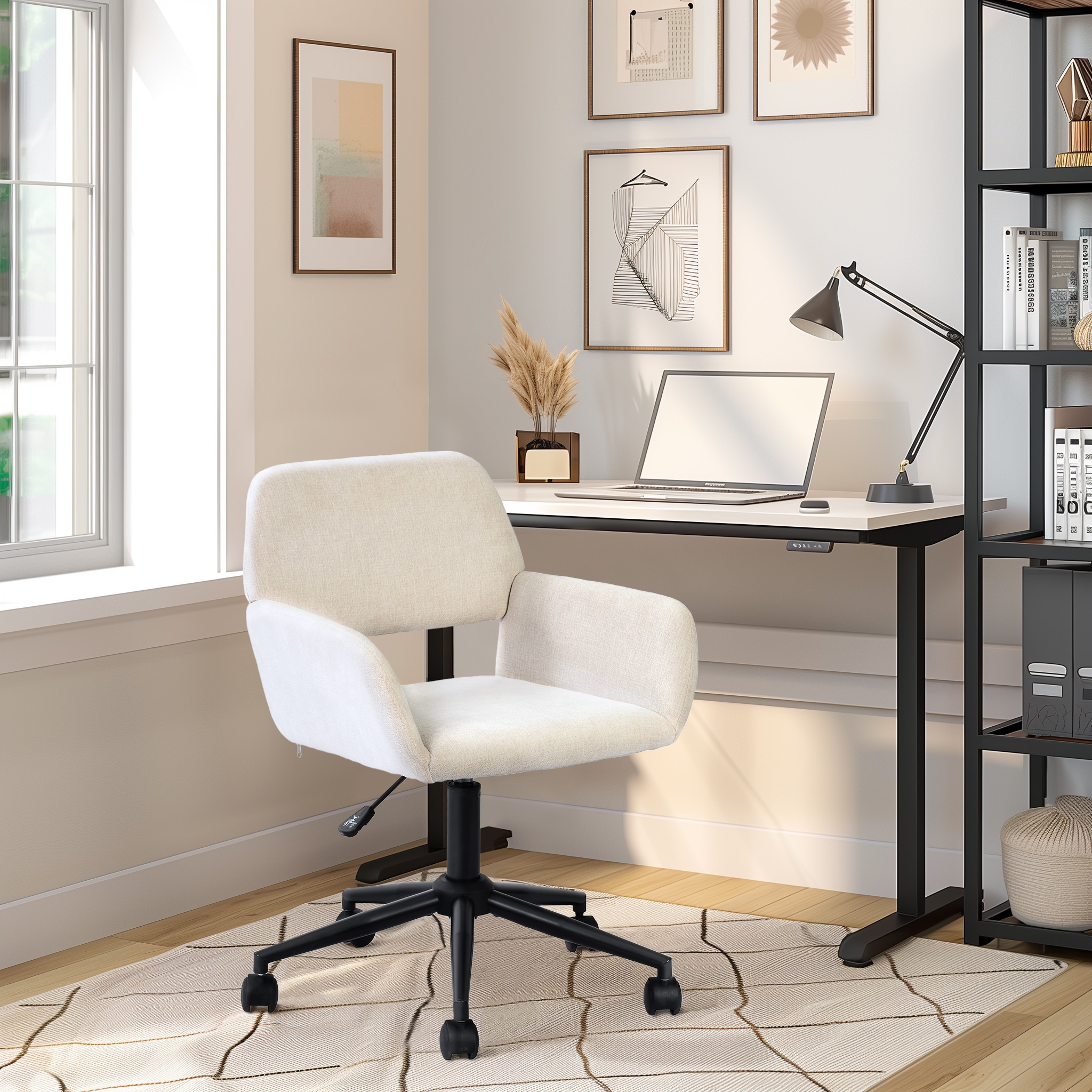 Homy Casa ROSS BEIGE Modern Adjustable Swivel Office Chair with Armrests Upholstered Mid Back Task Chair for Home Office Beige
