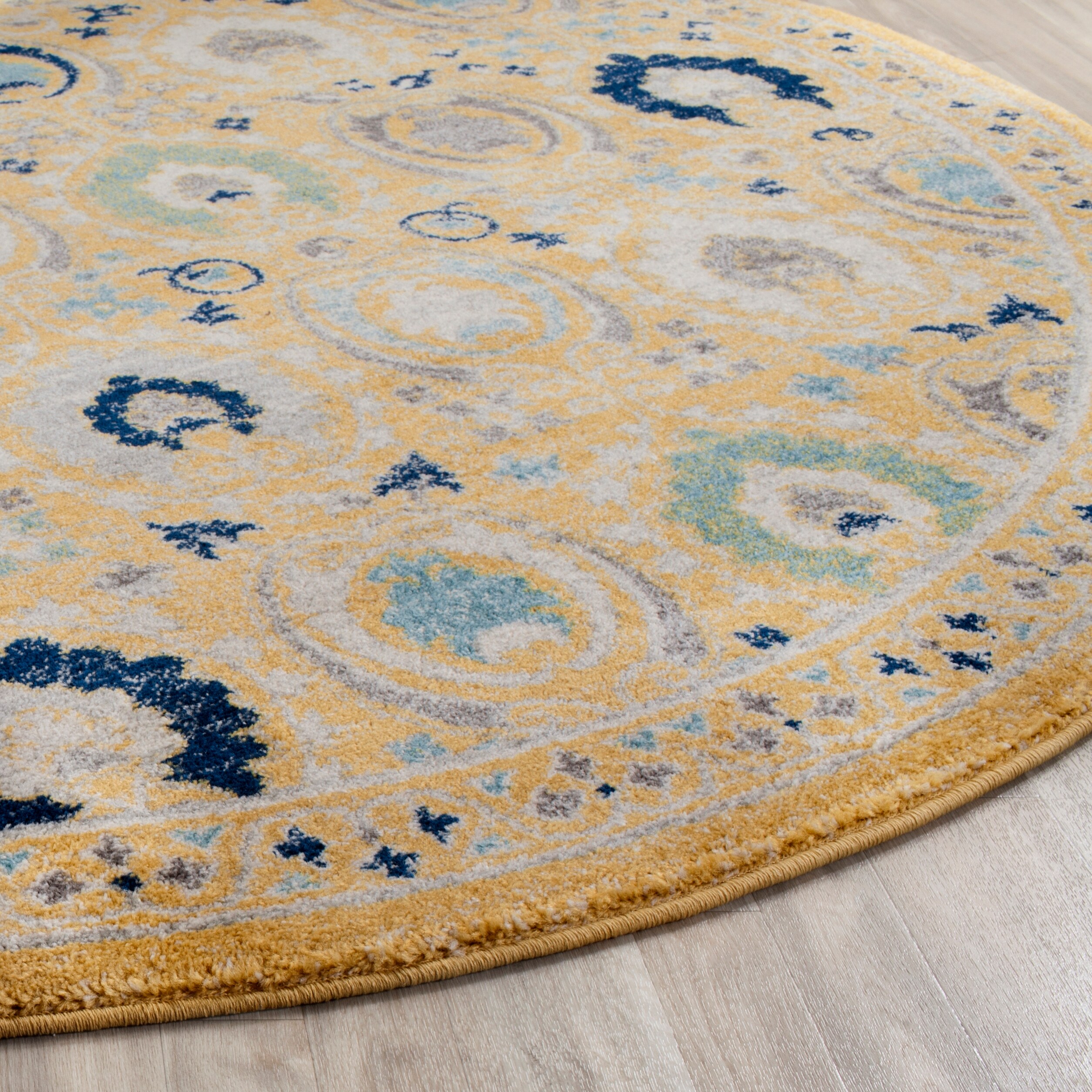 Gold and Ivory High Pile Round Synthetic Area Rug