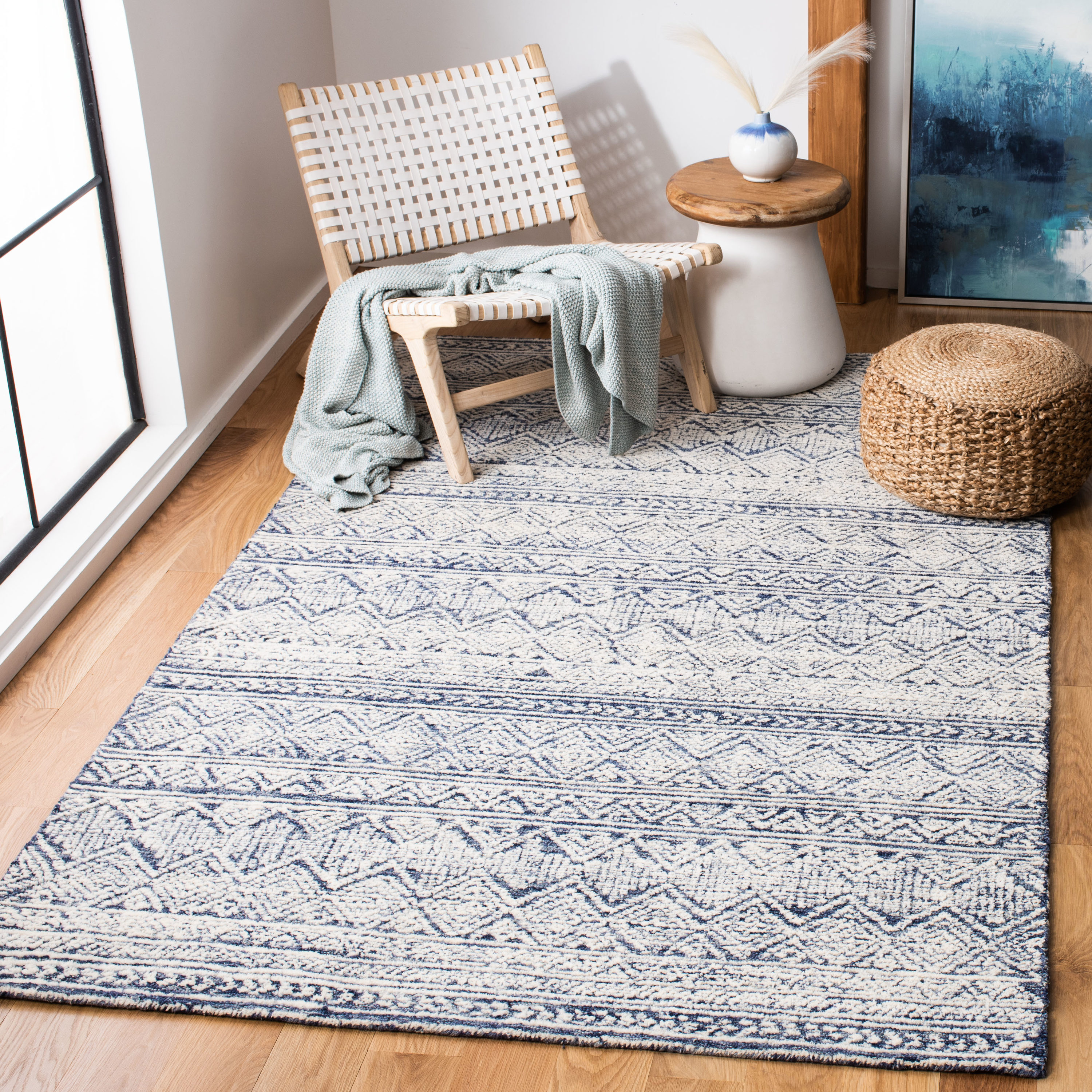 Blue and Ivory 6' x 6' Square Hand-Tufted Wool Rug