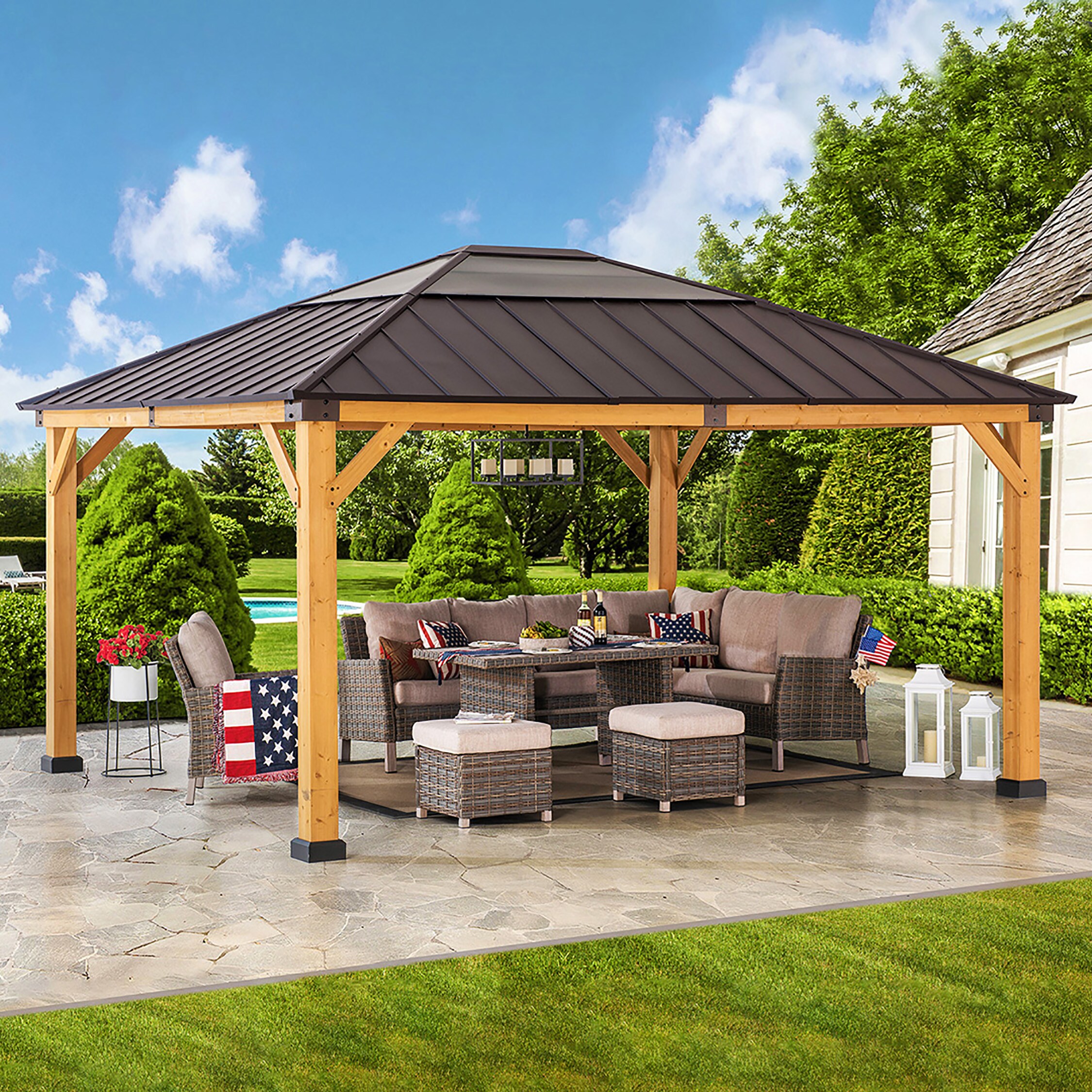 Sunjoy 13-ft x 15-ft Rectangle Brown Wood Steel Roof Gazebo in the ...