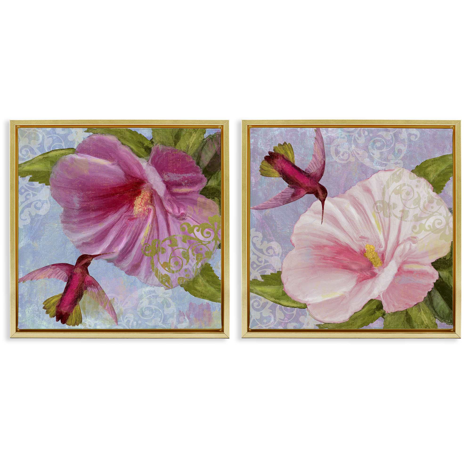 Stupell Industries B2-810-FFG-2PC-17X17 Hummingbirds and Poppy Bulbs 2 Piece Gold Framed Floater Canvas Set By Sasha 18 x 18