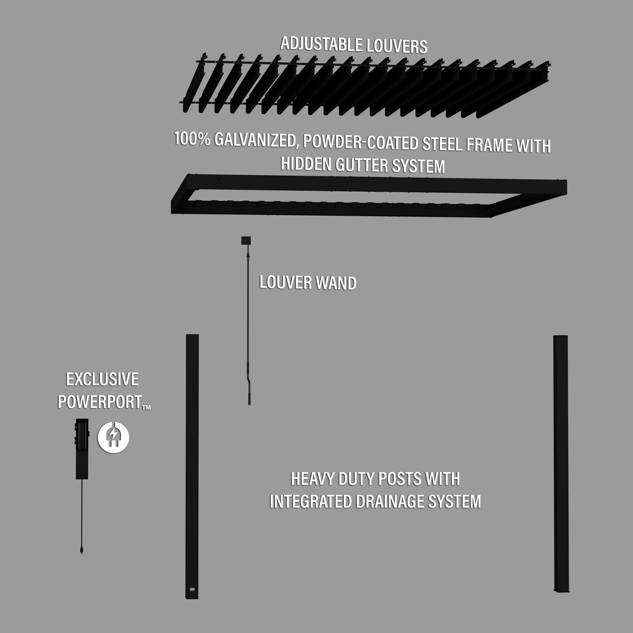 Evanston 12 ft. x 10 ft. Black Galvanized Steel Wall-Mounted Pergola