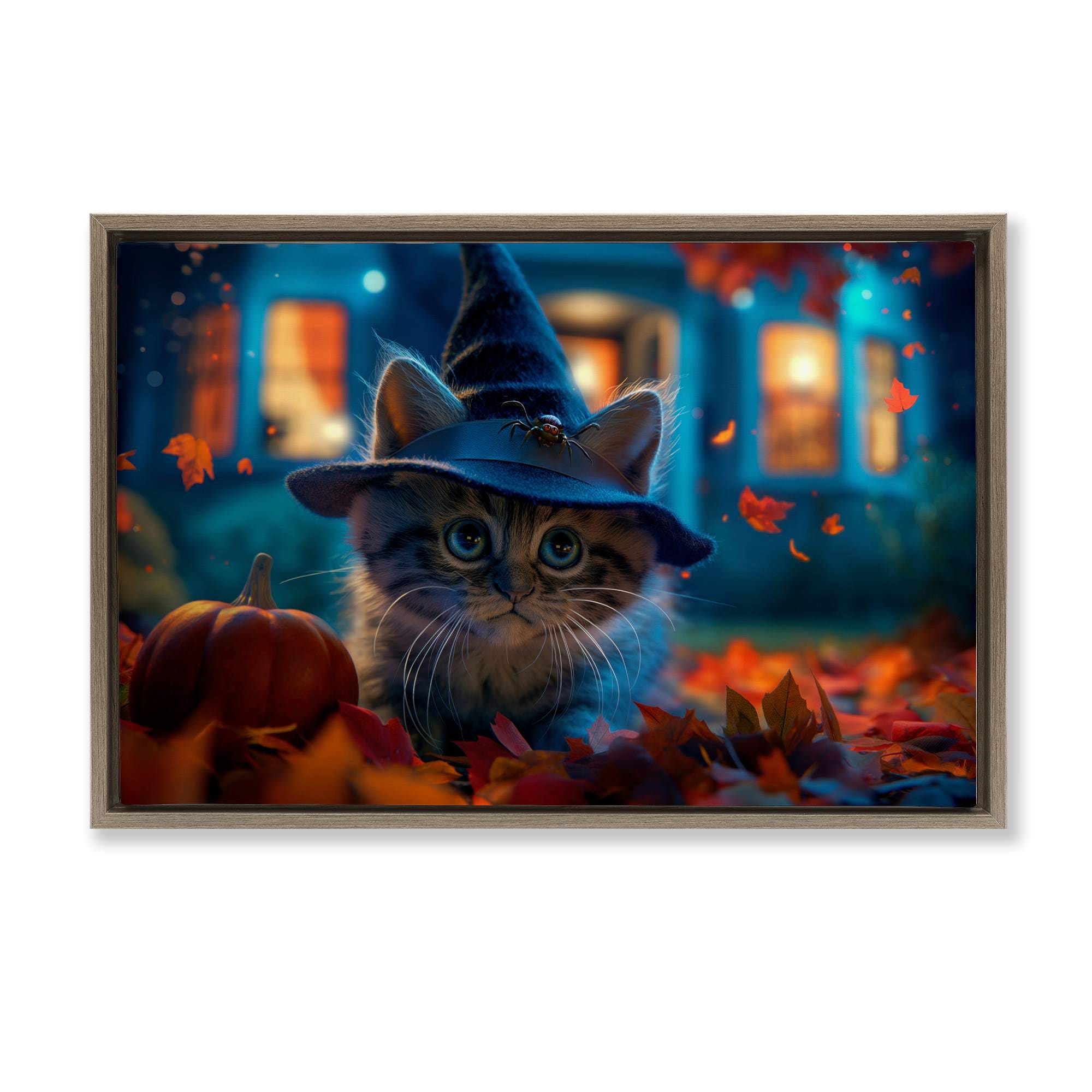 Stupell Industries BT-336-FFE-20X30 Halloween Witch Kitten and Pumpkin Brown Framed Floater Canvas Wall Art By Wumples 31 x 21